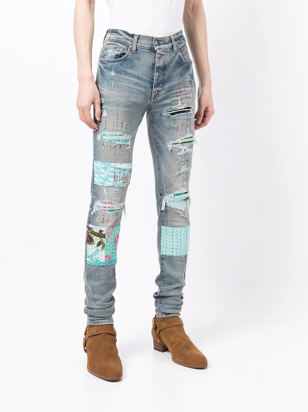 quilted patch-detail slim-fit jeans - 3