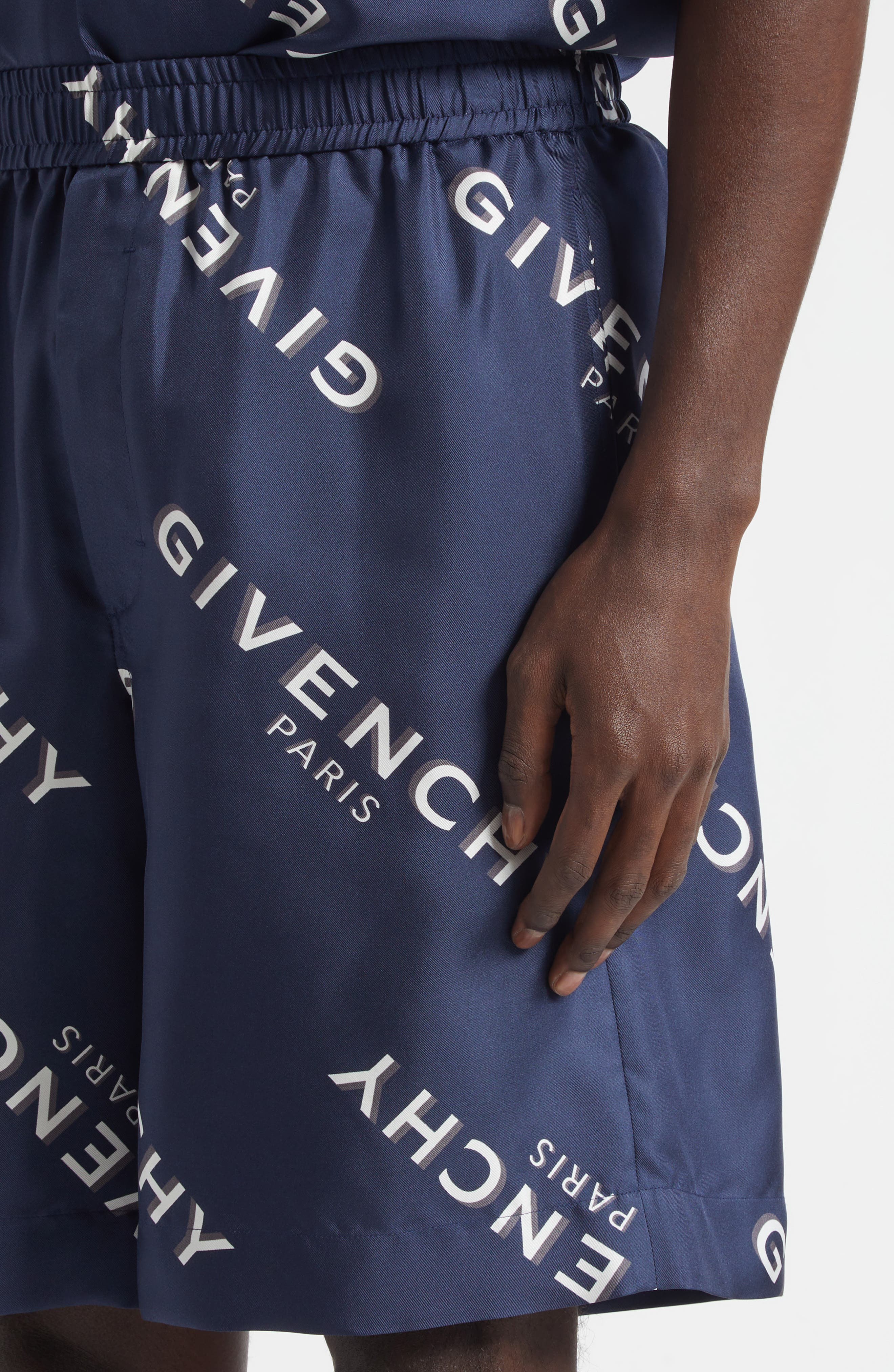 Givenchy Logo Print Elastic Waist Silk Shorts in Navy at Nordstrom - 5