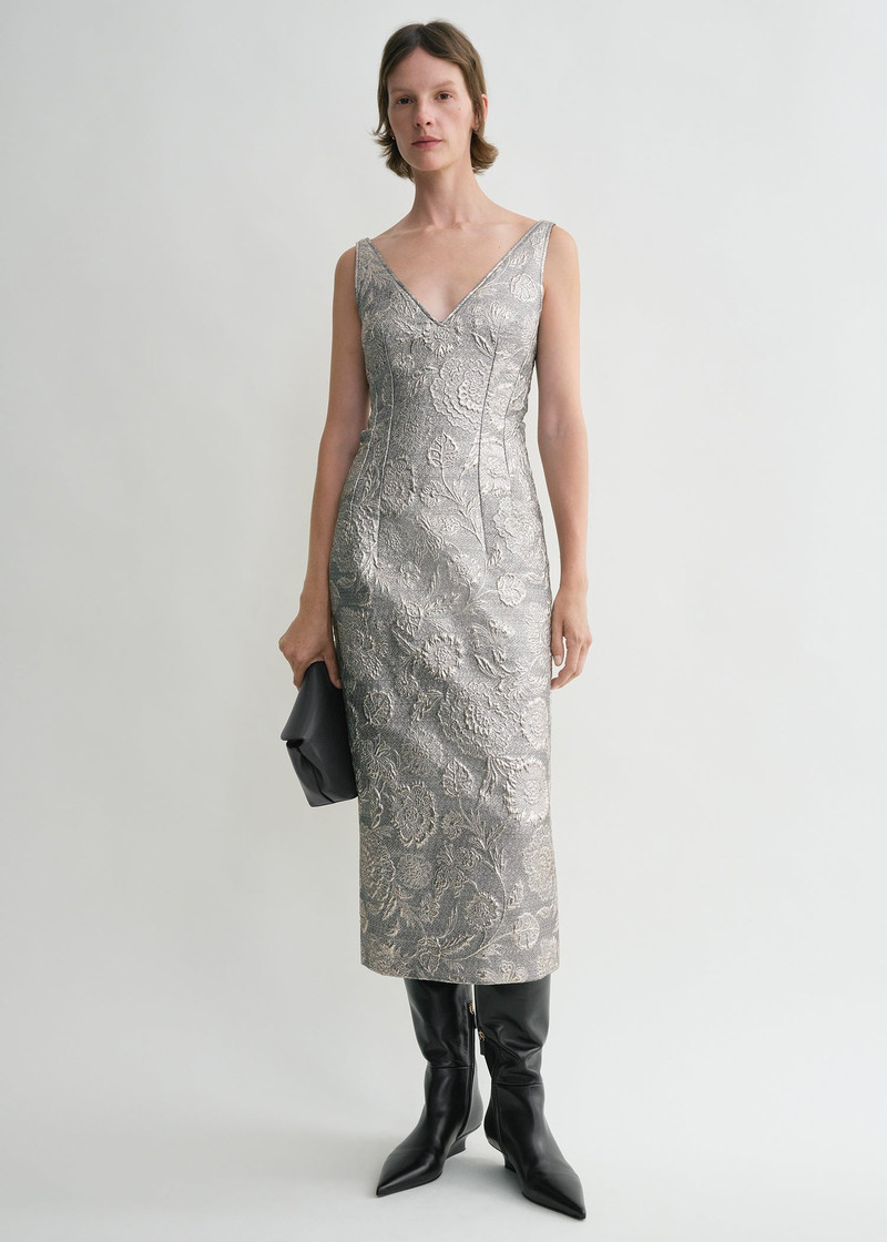 Totême V-neck brocade dress silver outlook