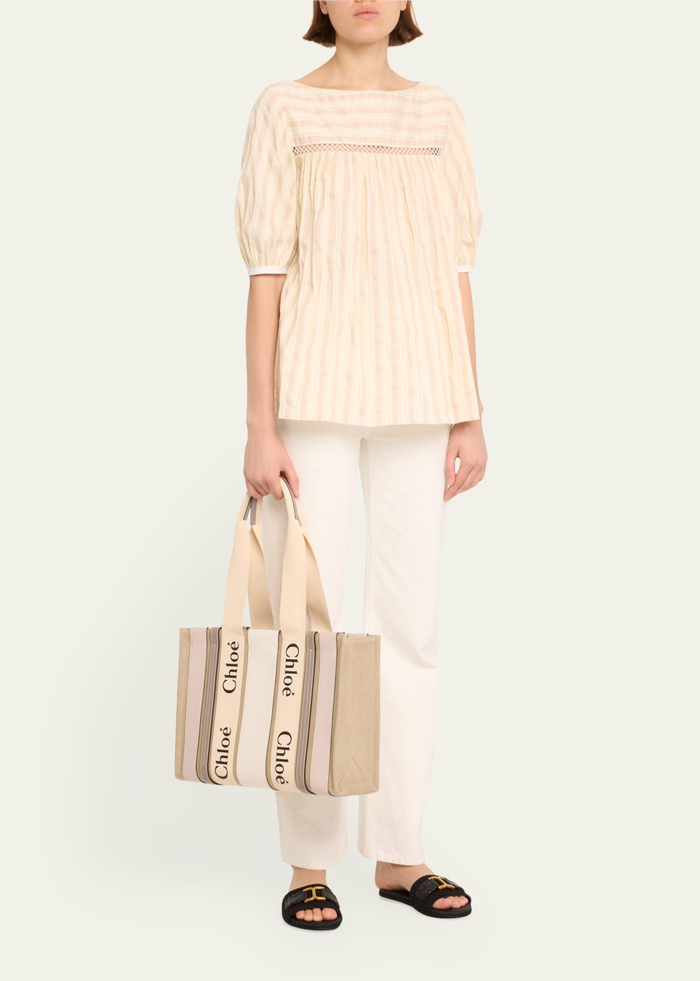 x High Summer Woody Medium Tote Bag in Striped Linen and Leather - 5