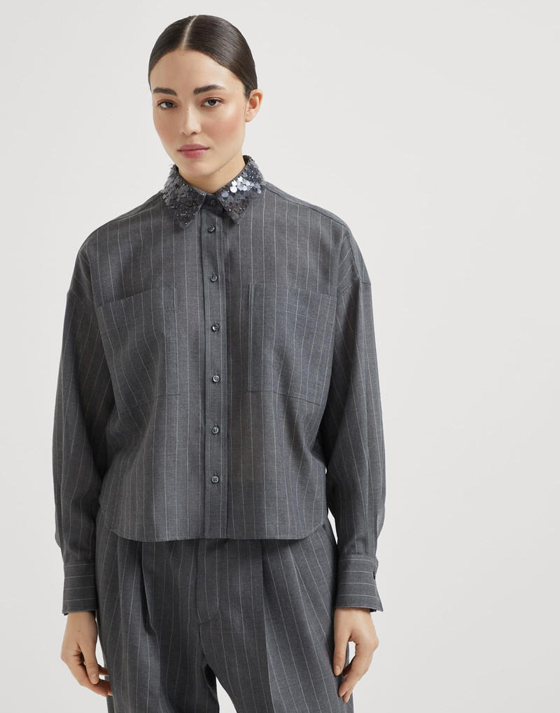 Virgin wool chalk stripe gauze shirt with swing drops collar - 1