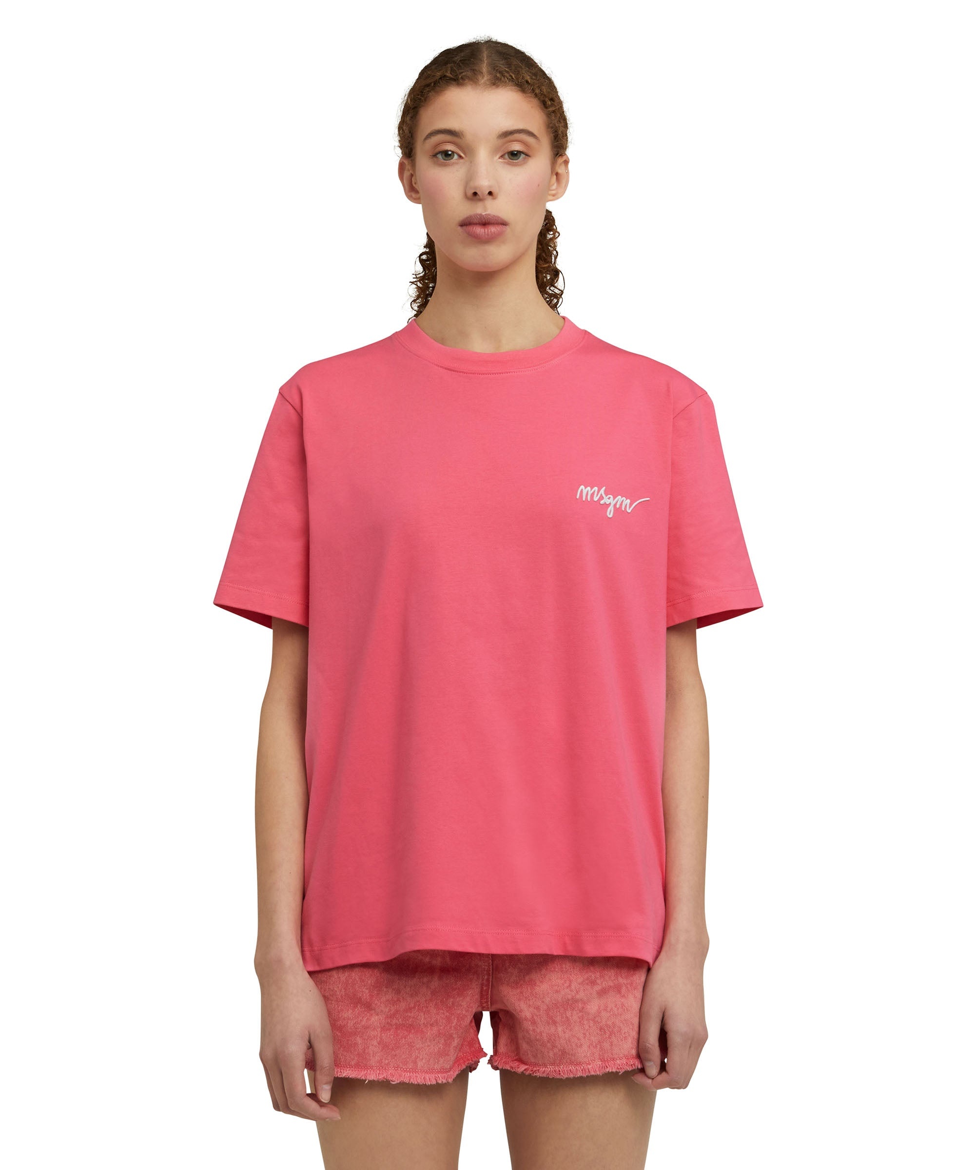 Cotton crewneck t-shirt with multicolor, embroidered logo in cursive - 1