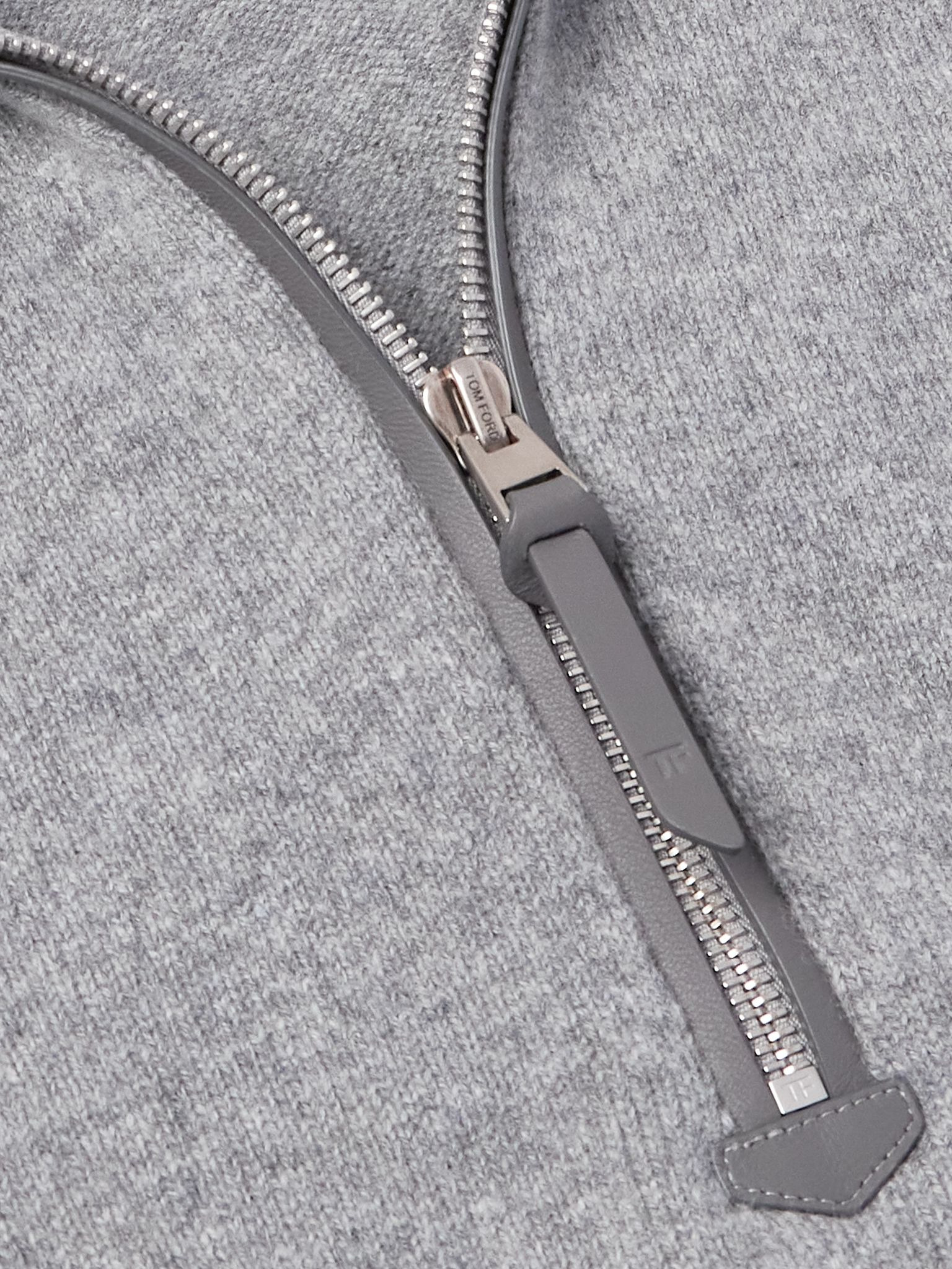 Leather-Trimmed Wool and Cashmere-Blend Half-Zip Rollneck Sweater Gray - 4