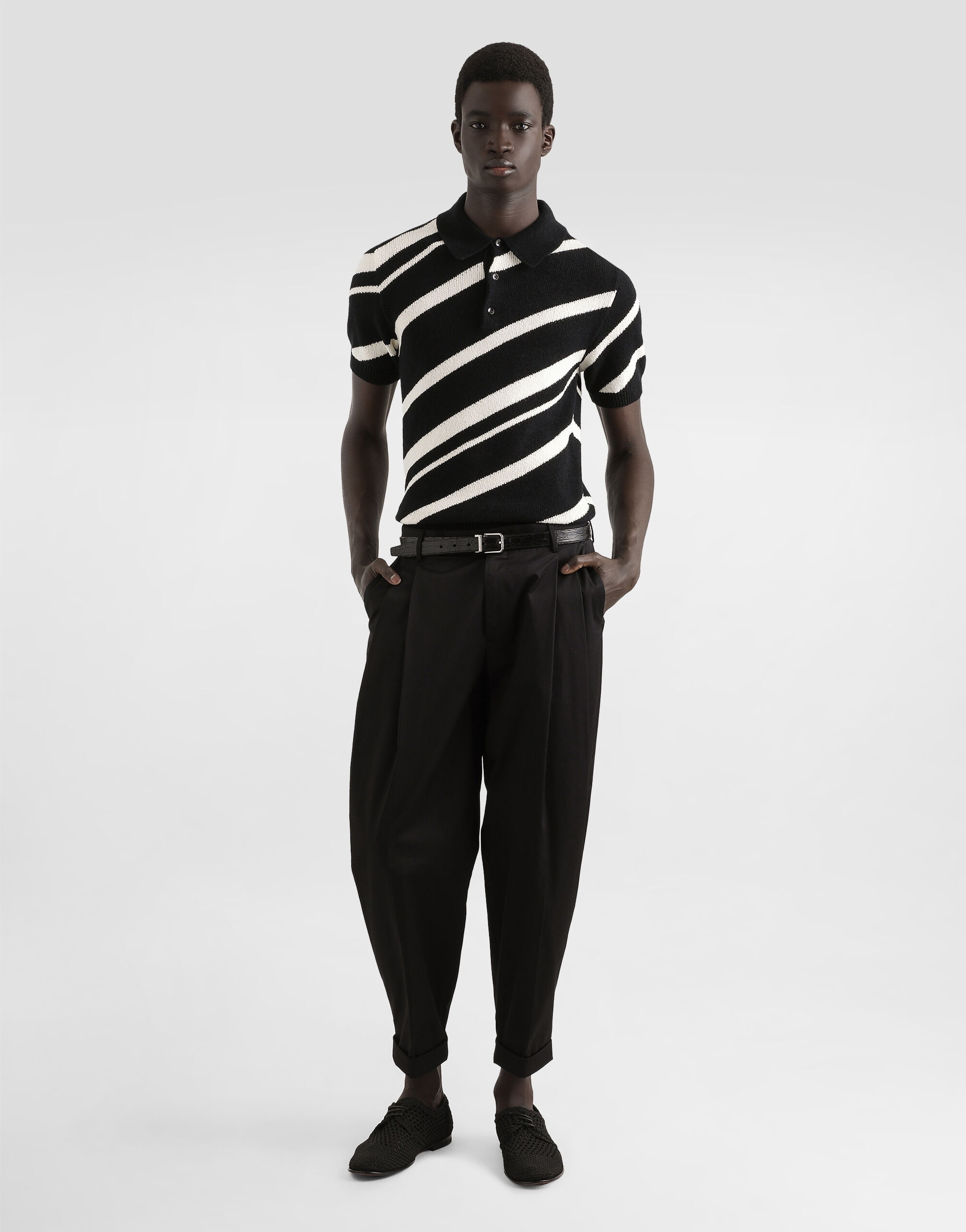 Short-sleeved cotton polo-shirt with striped inlay - 2