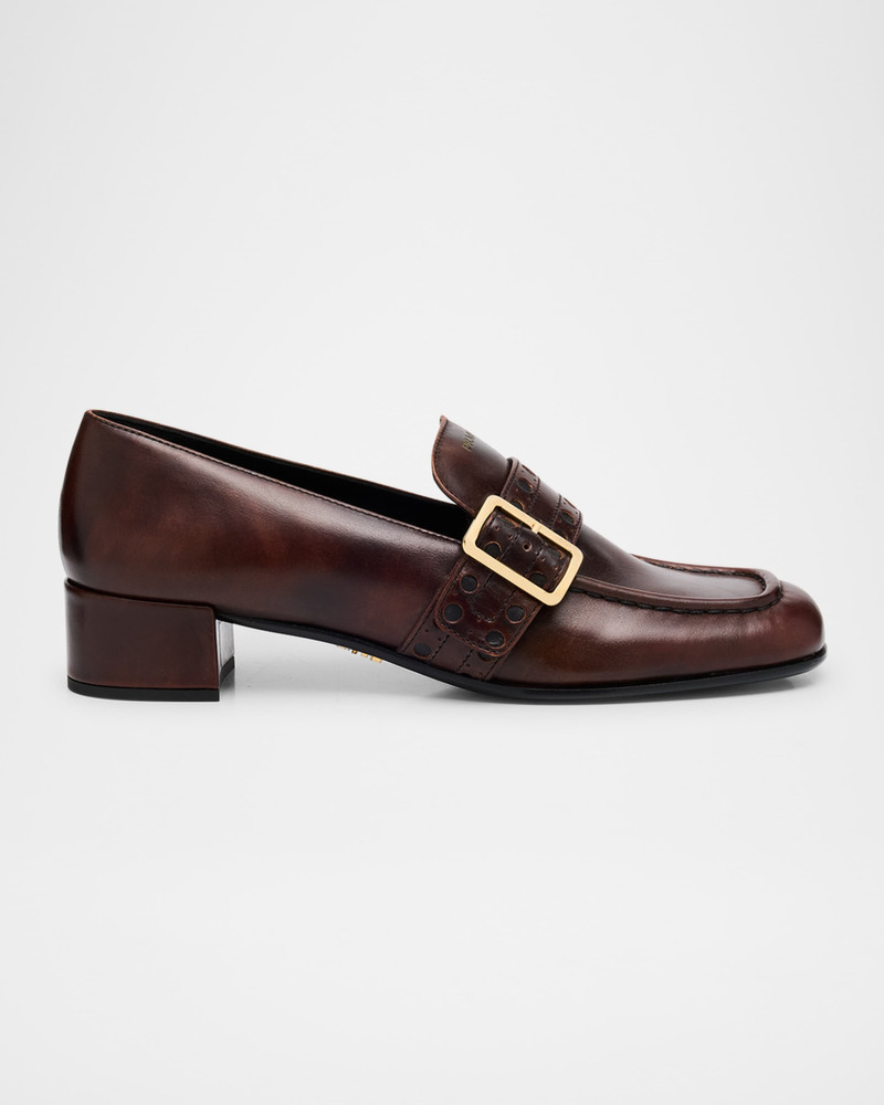 Perforated Leather Buckle Heeled Loafers 1