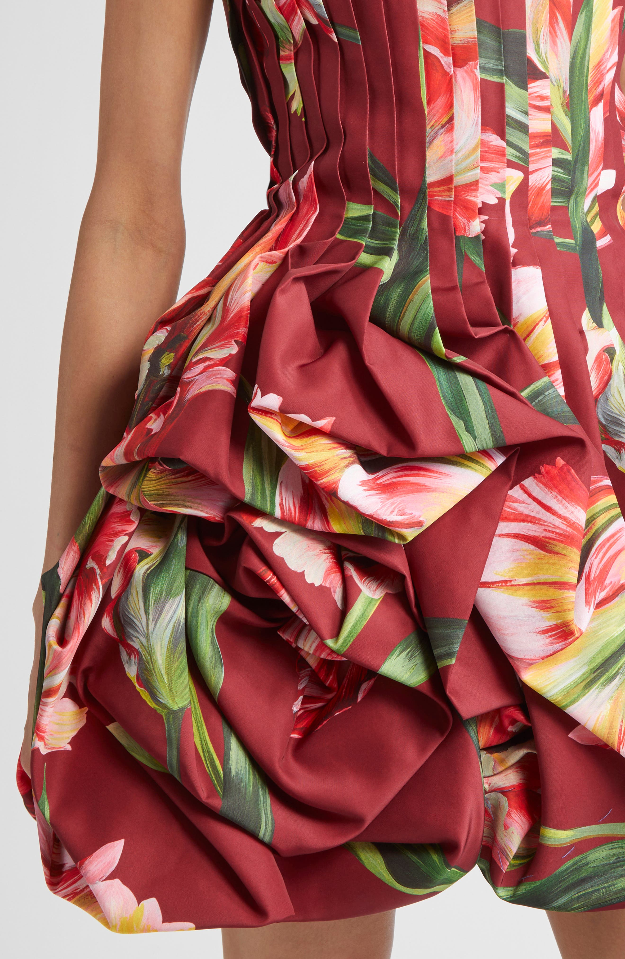 Carolina Herrera Tulip Print Pleated Draped Minidress in Garnet Multi at Nordstrom - 4