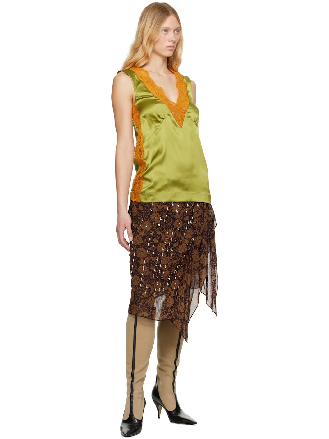 Khaki & Orange Silk Lace Tank Top - 4