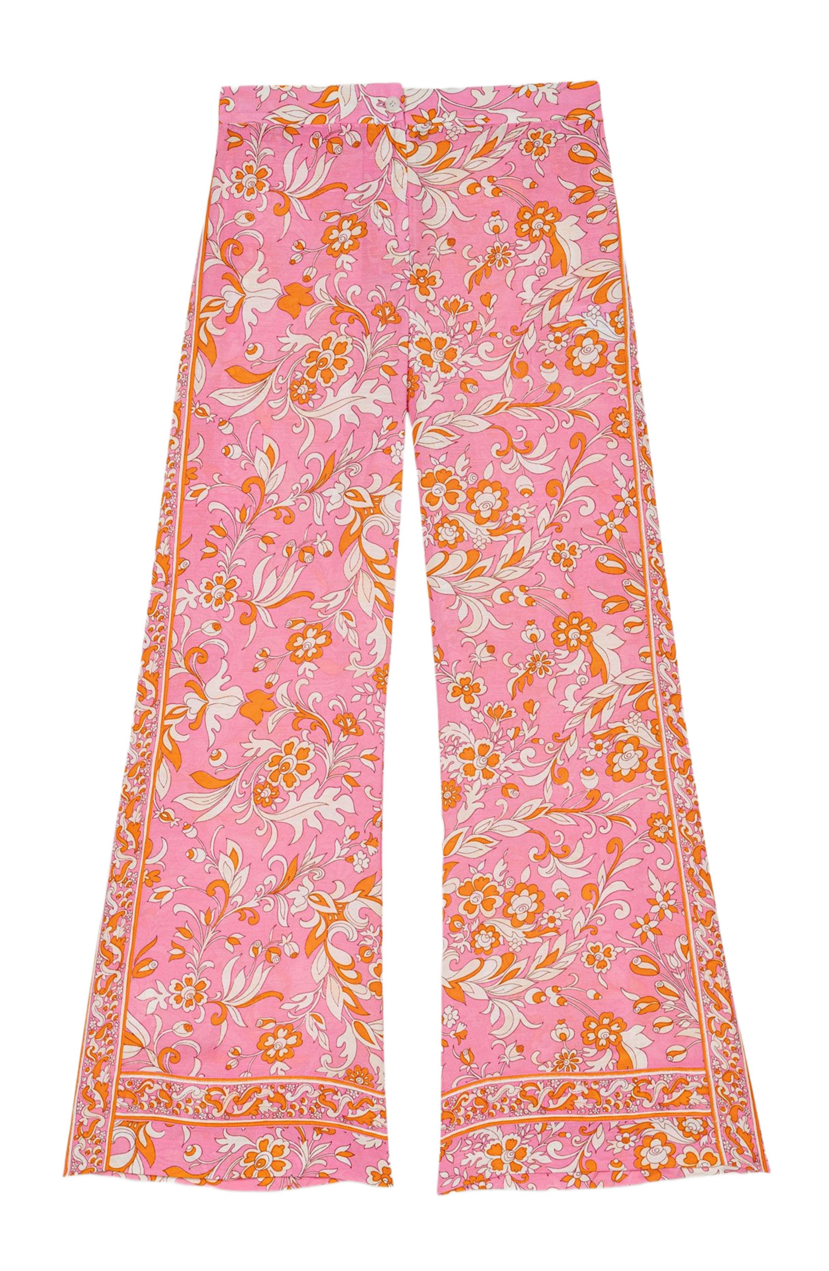 maje Patterned linen trousers in Orange Pink Flowers Print at Nordstrom - 7