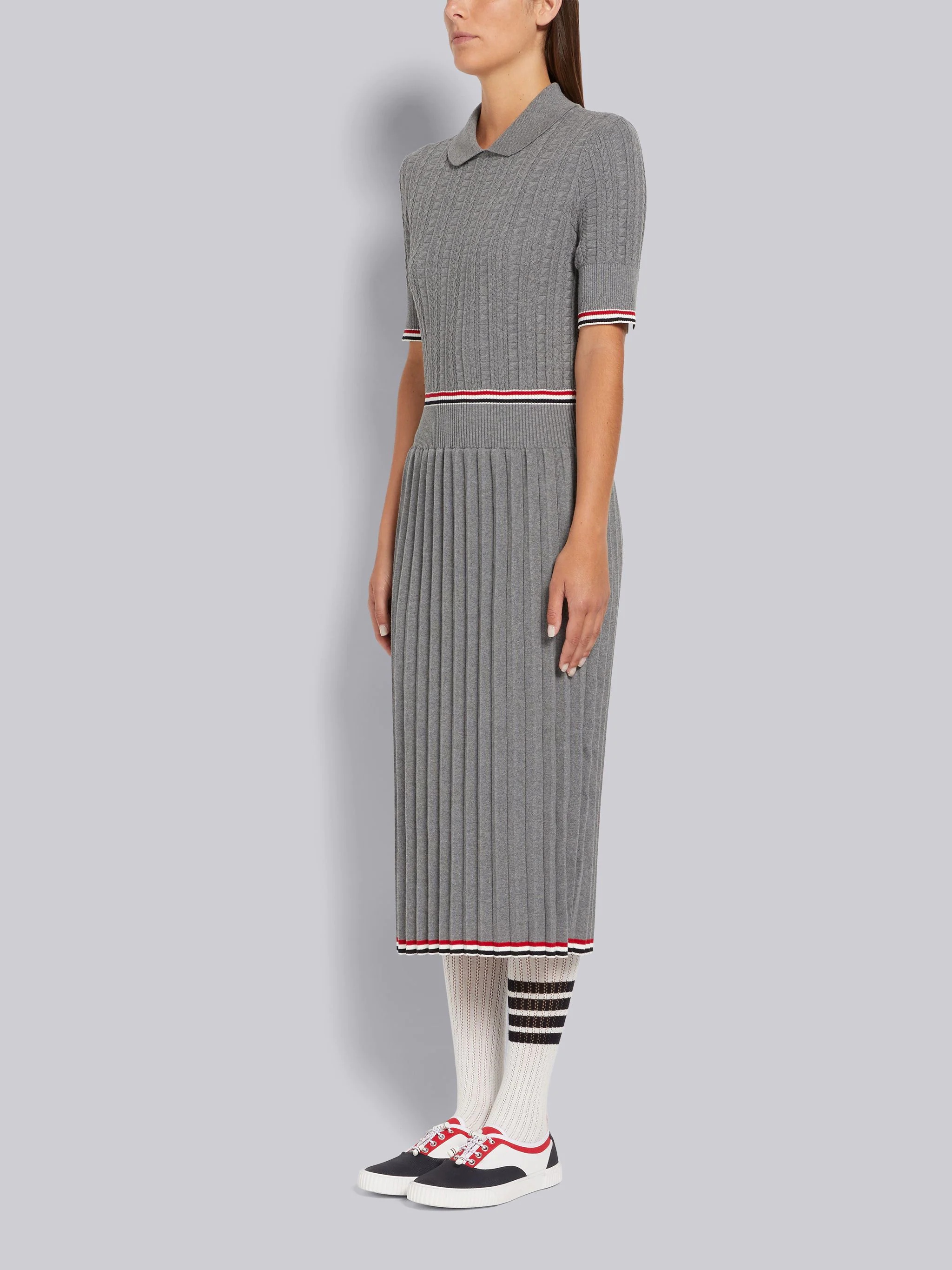 Light Grey Cable Texture Overtwisted Cotton Stripe Framing and Waistband Pleated Below the Knee Polo - 2