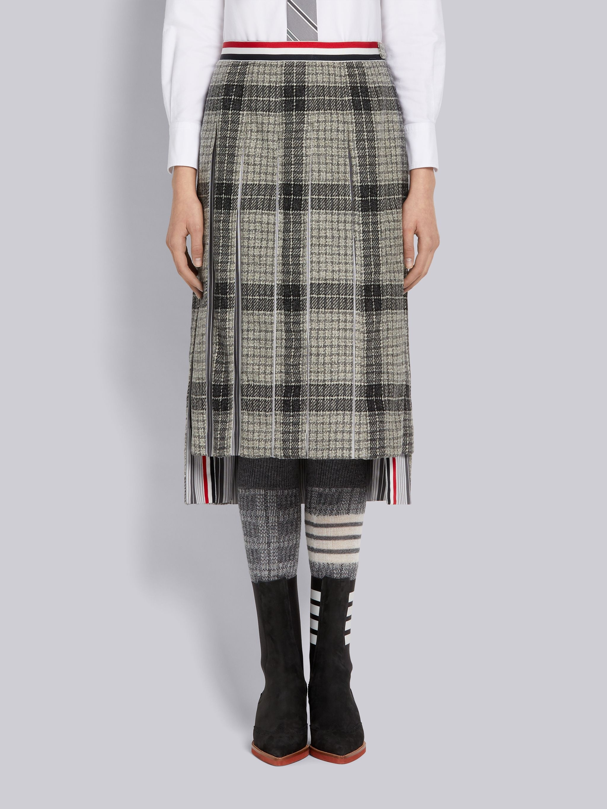 Medium Grey Grid Windowpane Check British Wool Grosgrain Waistband Below-the-Knee Dropped Back Pleat - 1