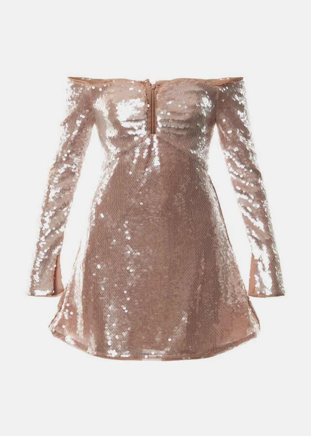Beige Sequin Off Shoulder Mini Dress - 1