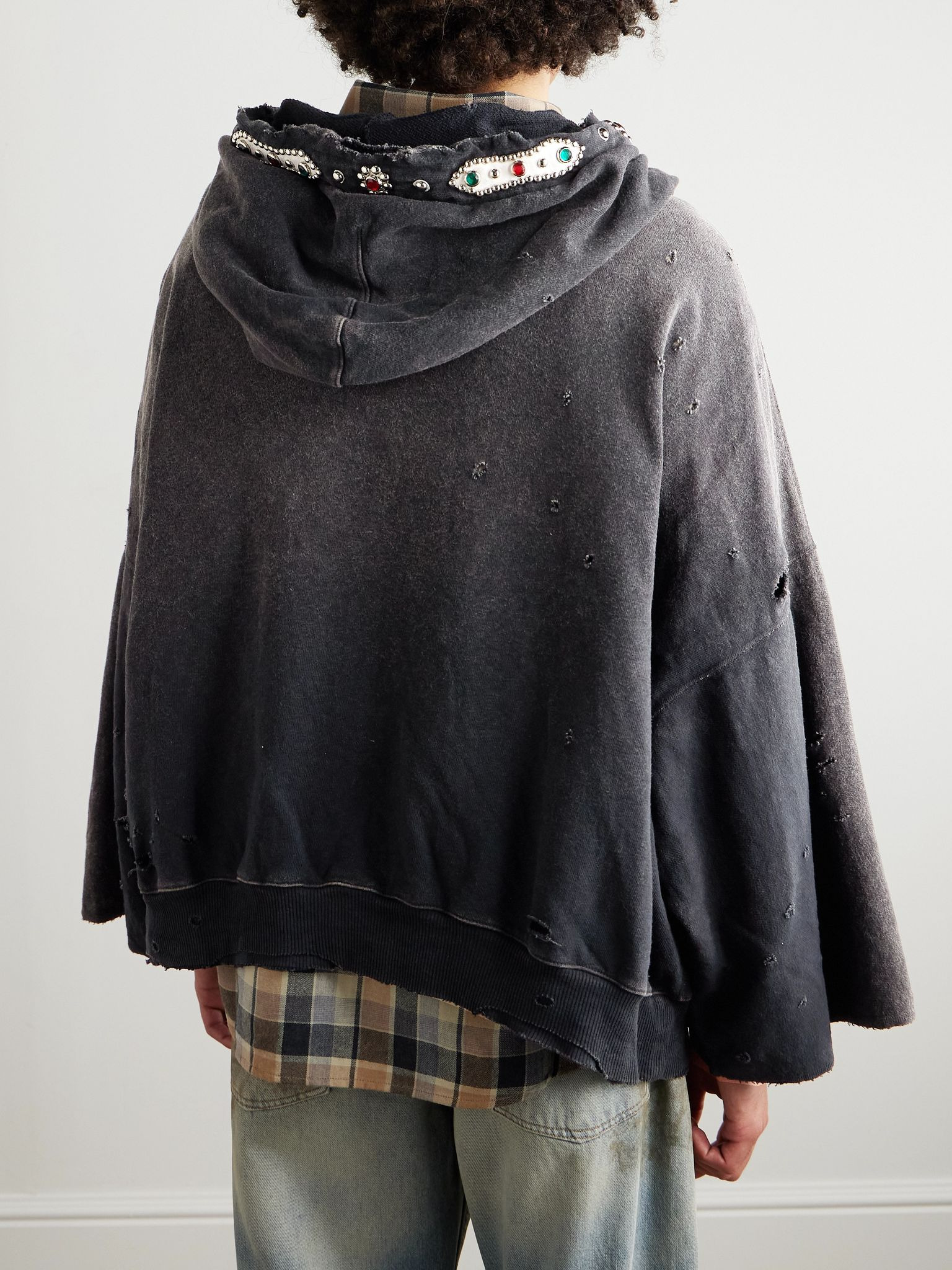 Embelished Distressed Cotton-Jersey Zip-Up Hoodie Black - 3