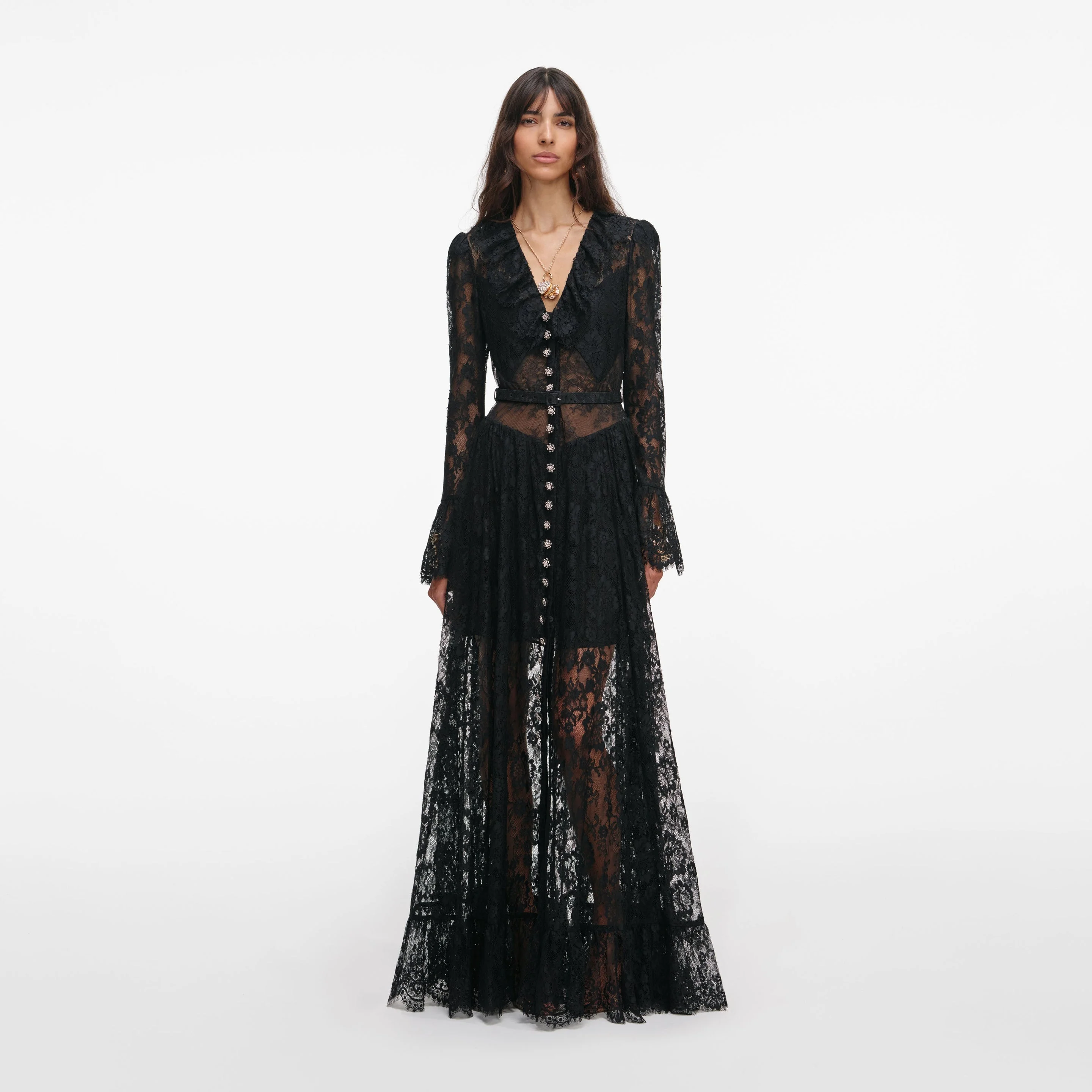 Black Lace Ruffle Maxi Dress - 1