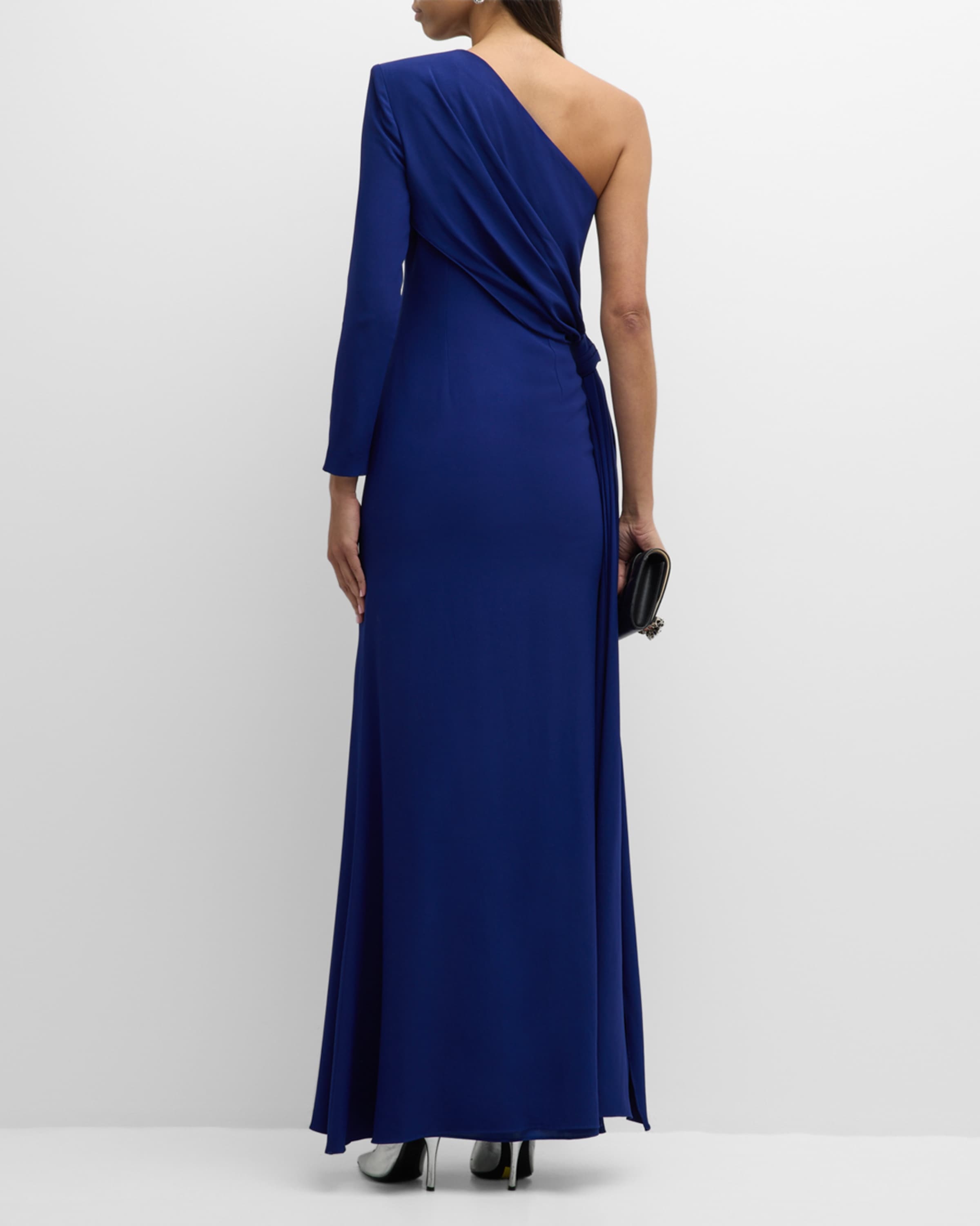 Crepe One-Shoulder Gown with Draped Detail - 3