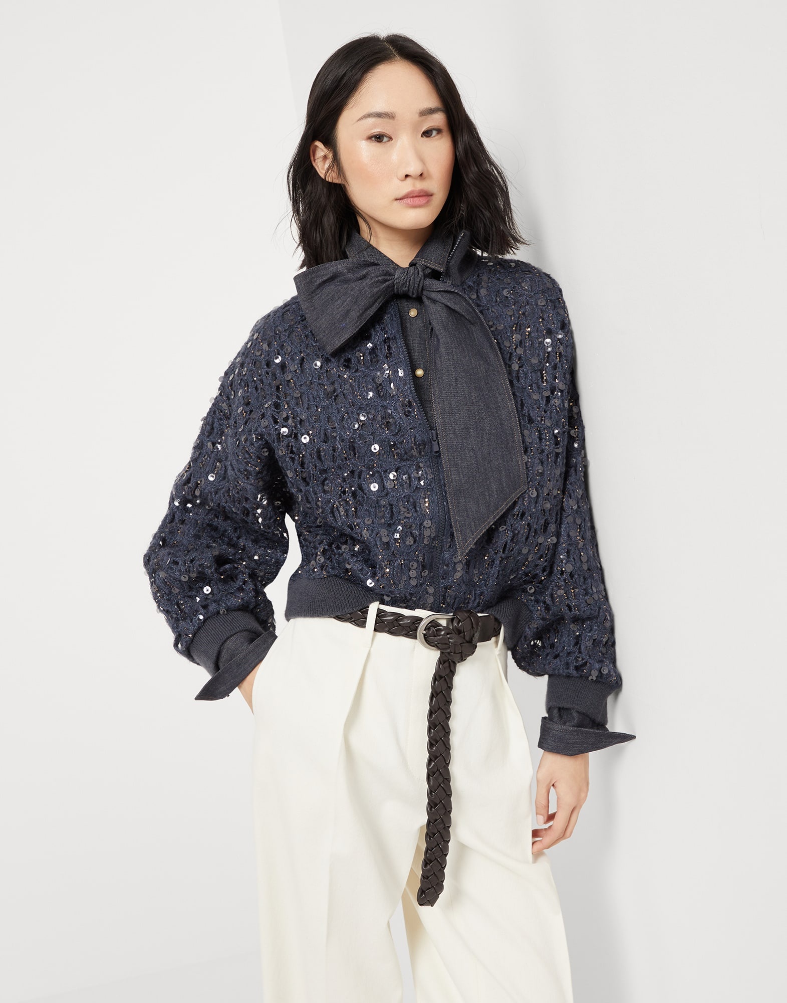 Dazzling croc embroidery cardigan in mohair, silk and linen - 4