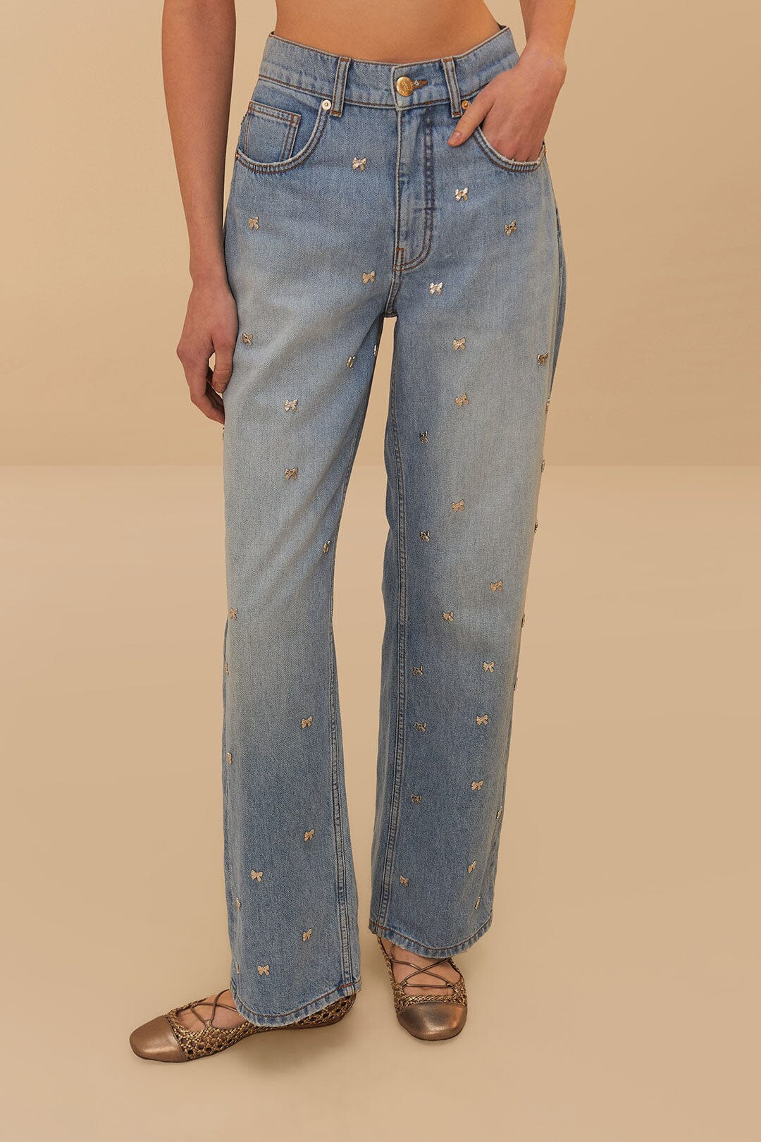 Denim Embroidered Bows Pants - 2