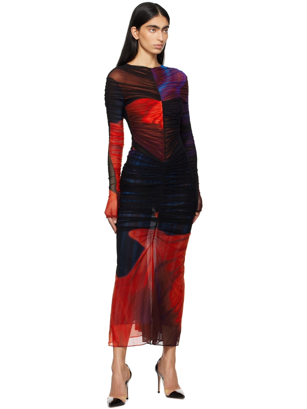 Multicolor Floral Print Ruched Mesh Midi Skirt - 4