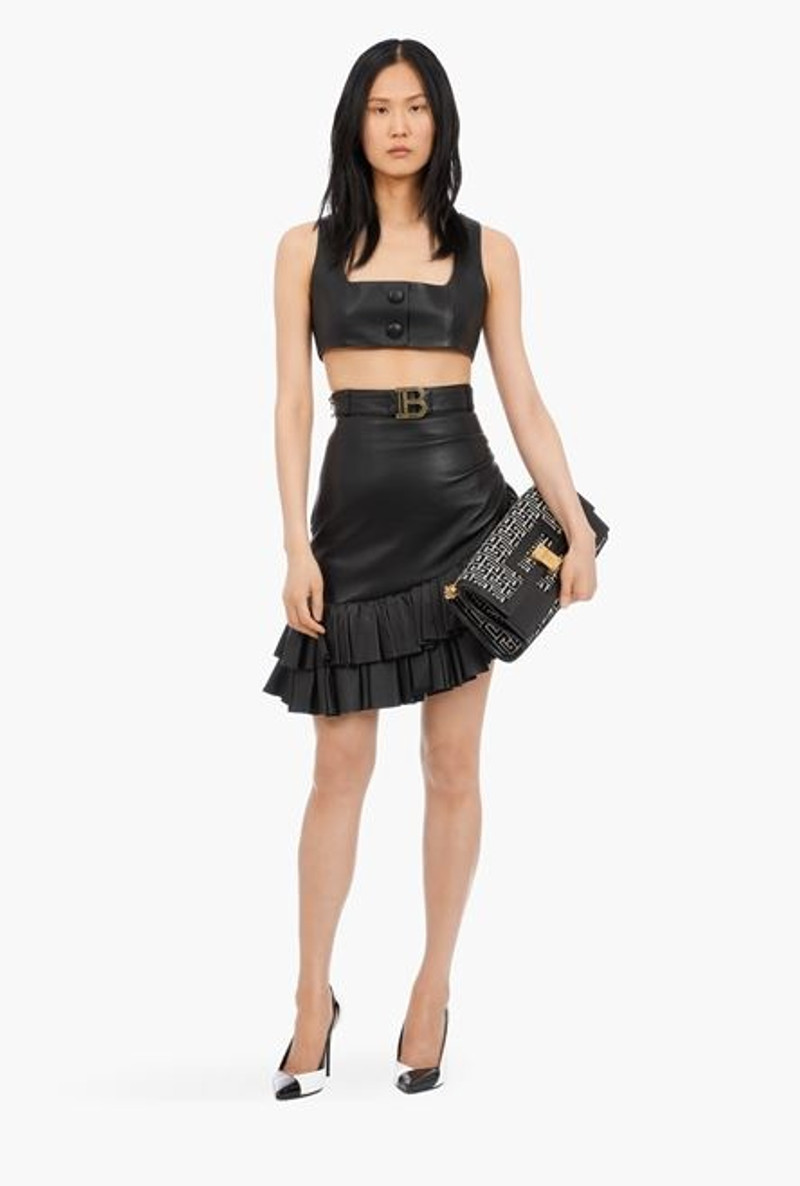 Balmain Short black leather asymmetrical high-waisted skirt outlook