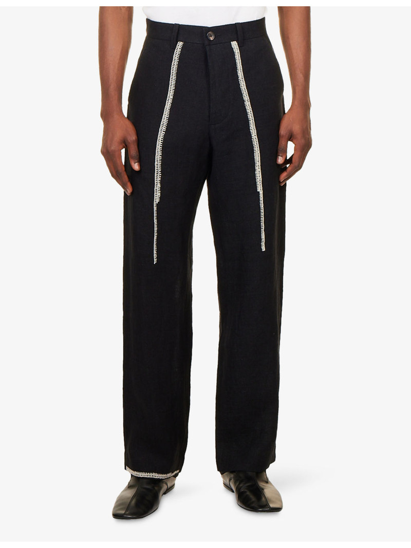 Contrast-Embroidered Wide-Leg Linen Trousers 3