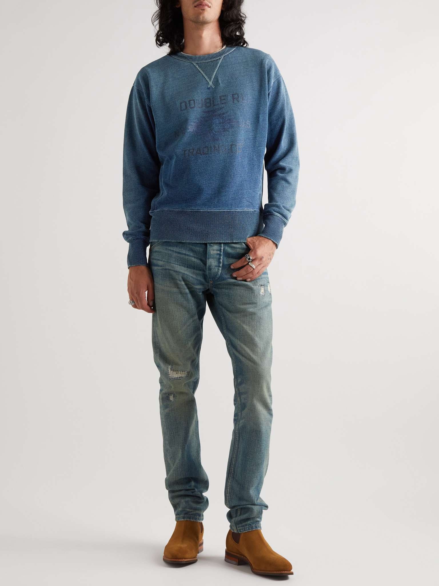 RRL by Ralph Lauren Distressed Indigo-Dyed Logo-Print Cotton