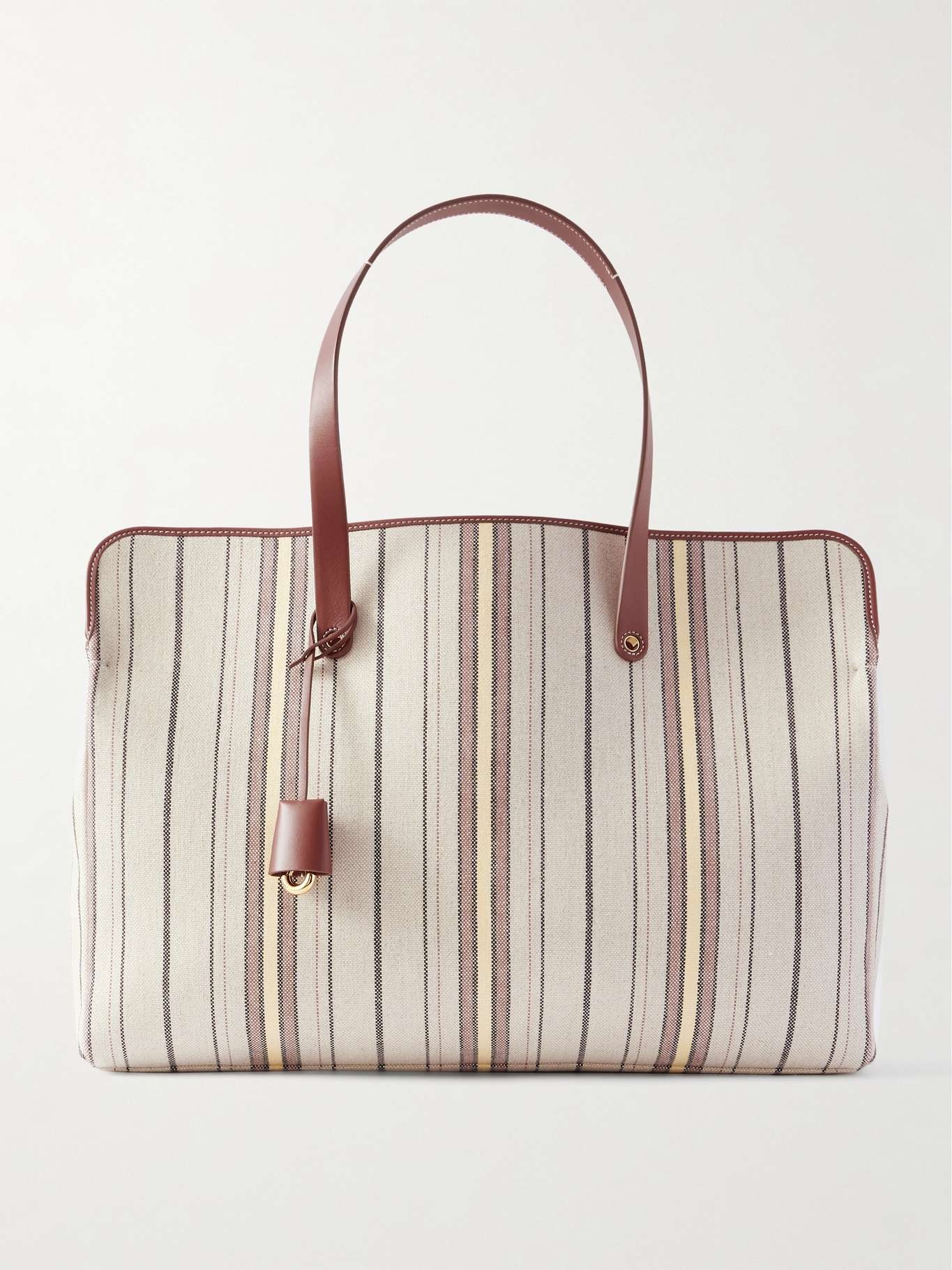 Laguna leather-trimmed striped canvas tote Cream - 1