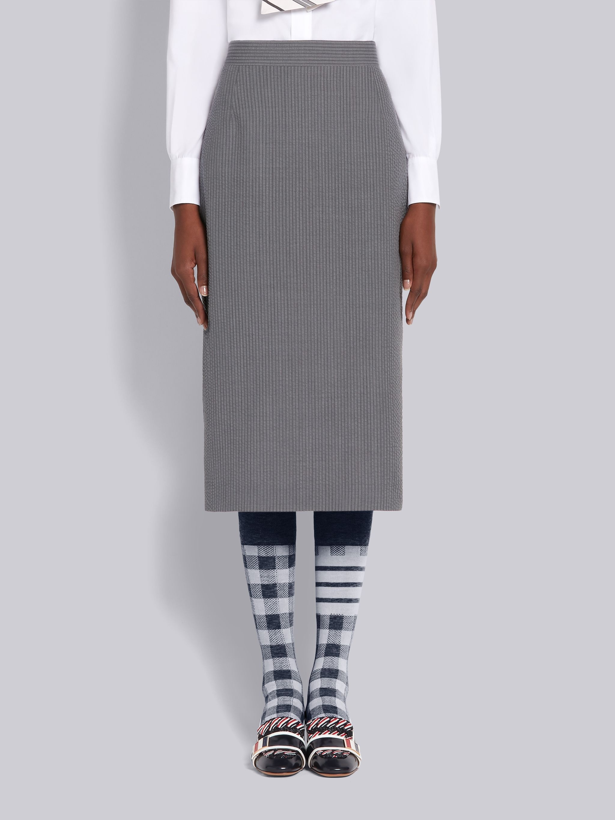 Light Grey Wool Seersucker Pencil Skirt - 1