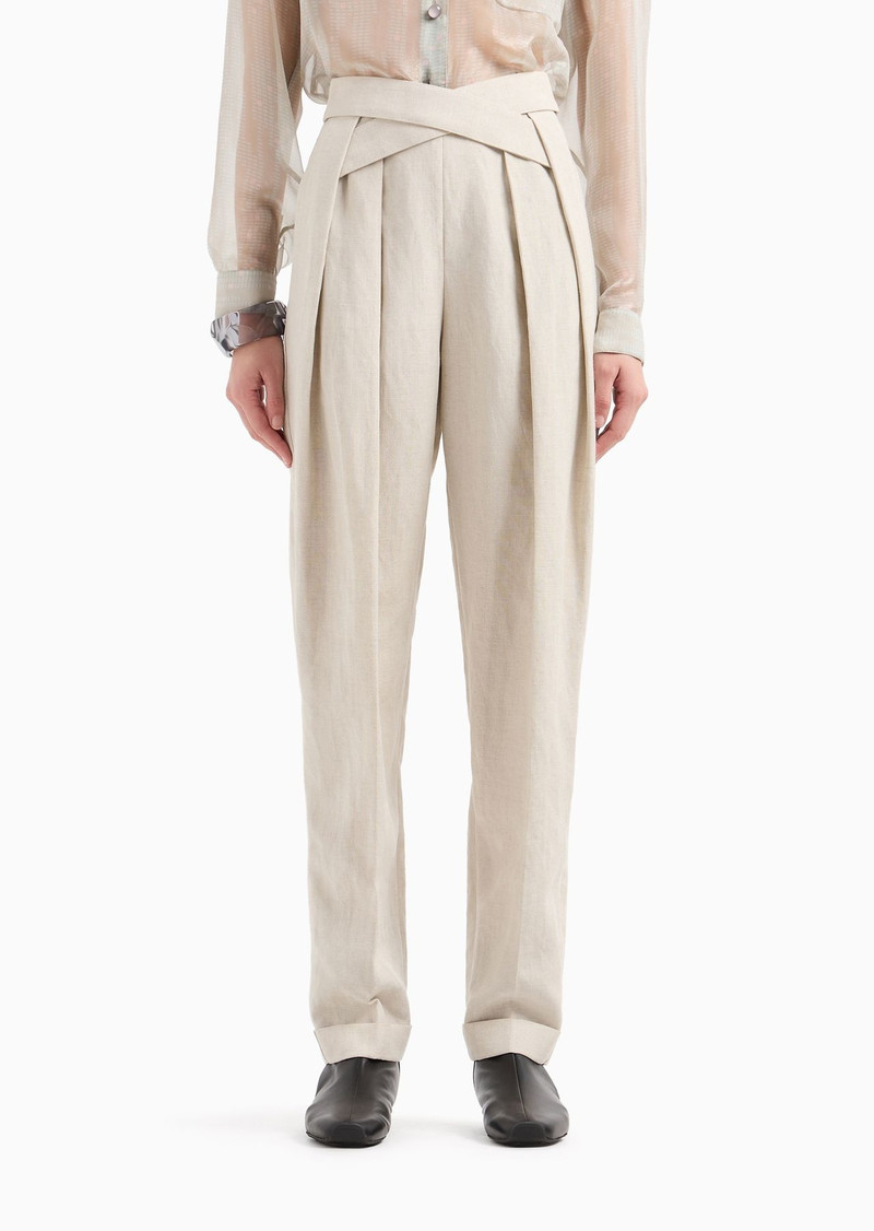 EMPORIO ARMANI Linen-blend panama fabric trousers with pleats and crossed detail outlook