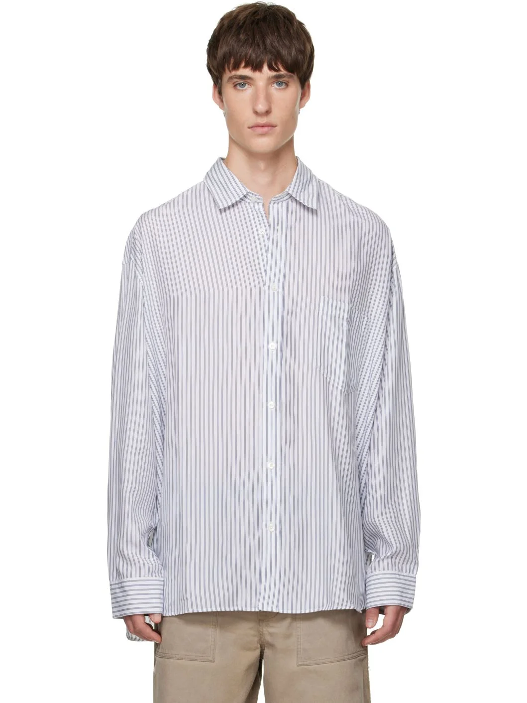 White & Navy Striped Button-Up Shirt - 1