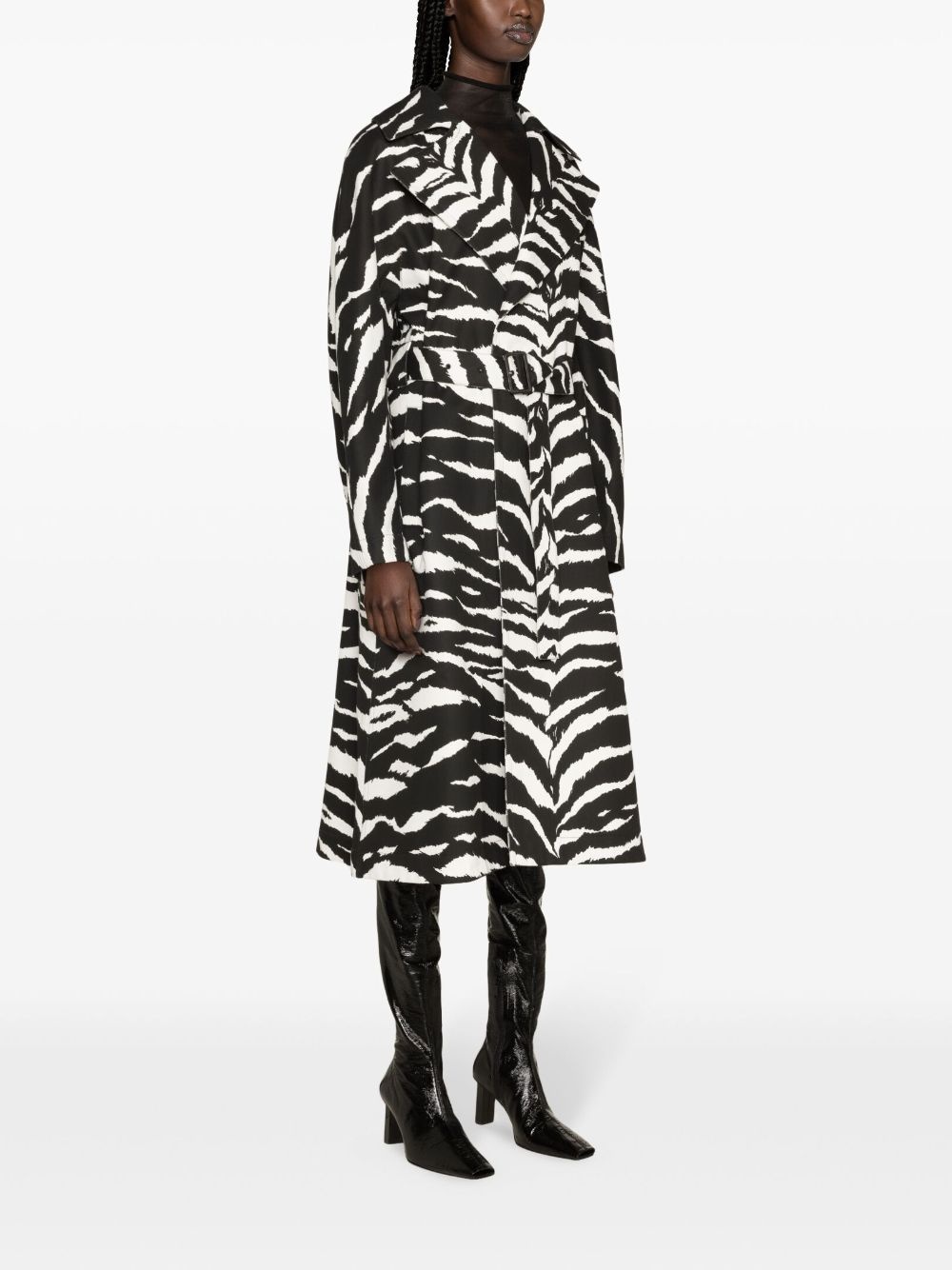 zebra-print denim trench coat - 3