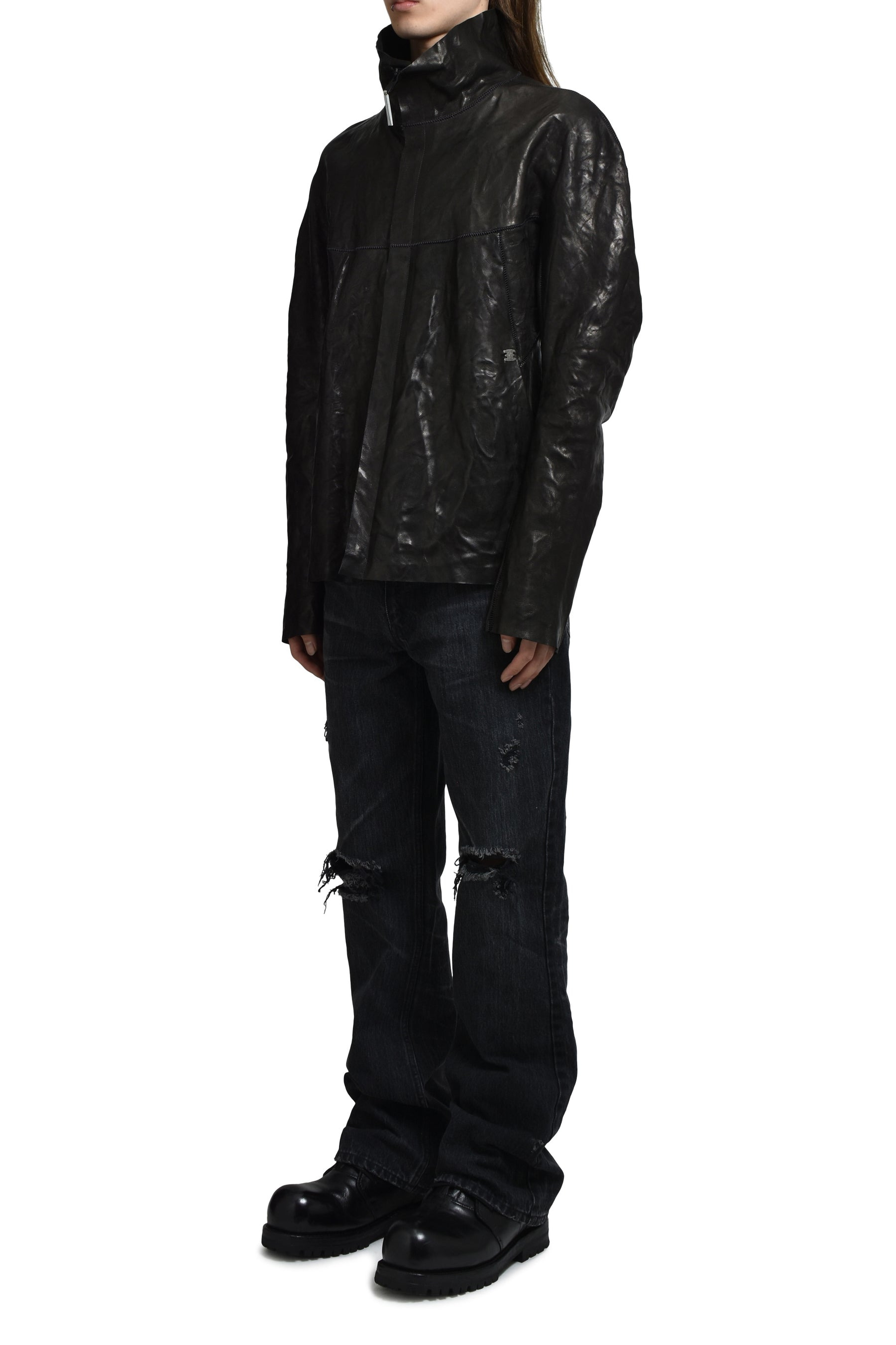 "HUMANOID" HIGH NECK LEATHER JACKET / BLK - 4