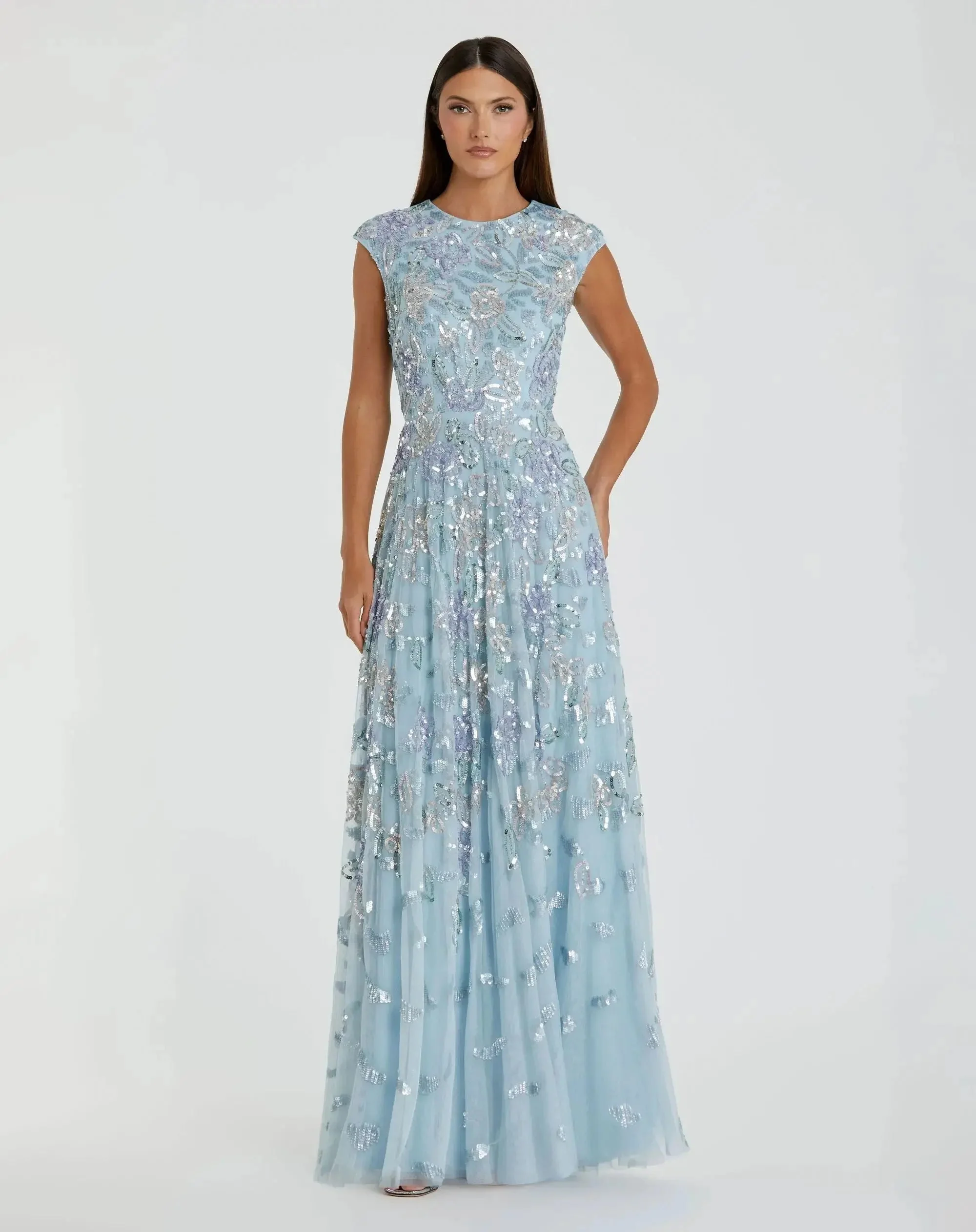 Blue Sequined High Neck Cap Sleeve A Line Gown - 1