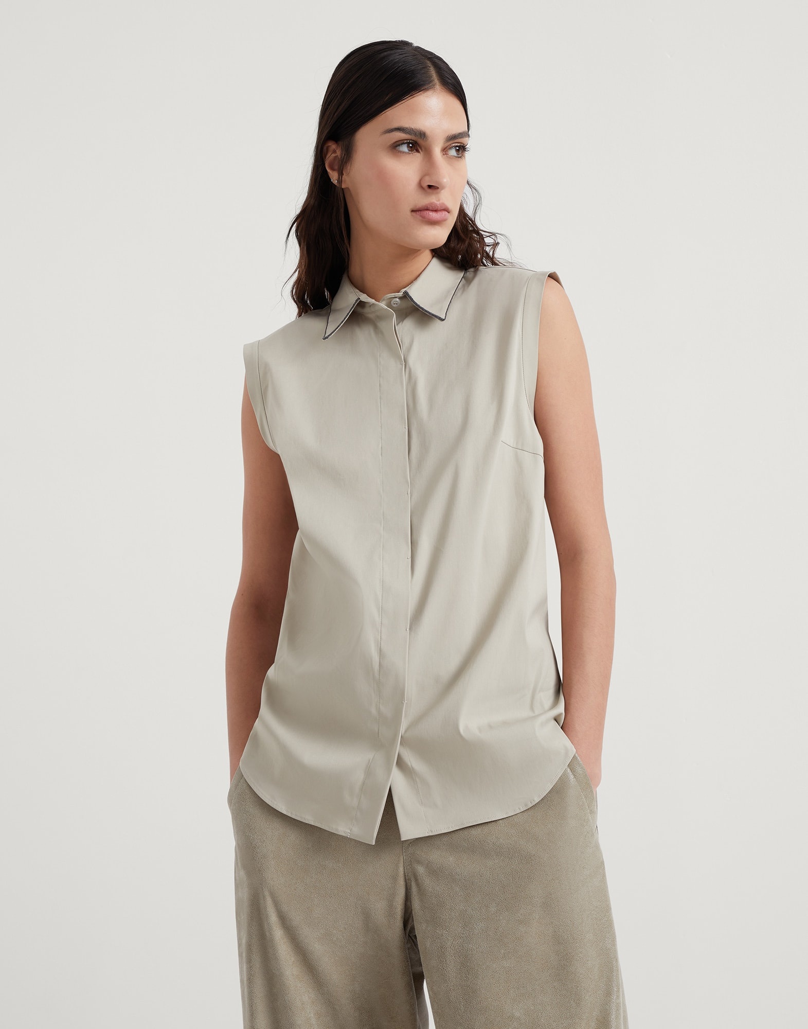Stretch cotton poplin sleeveless shirt with shiny trim - 1