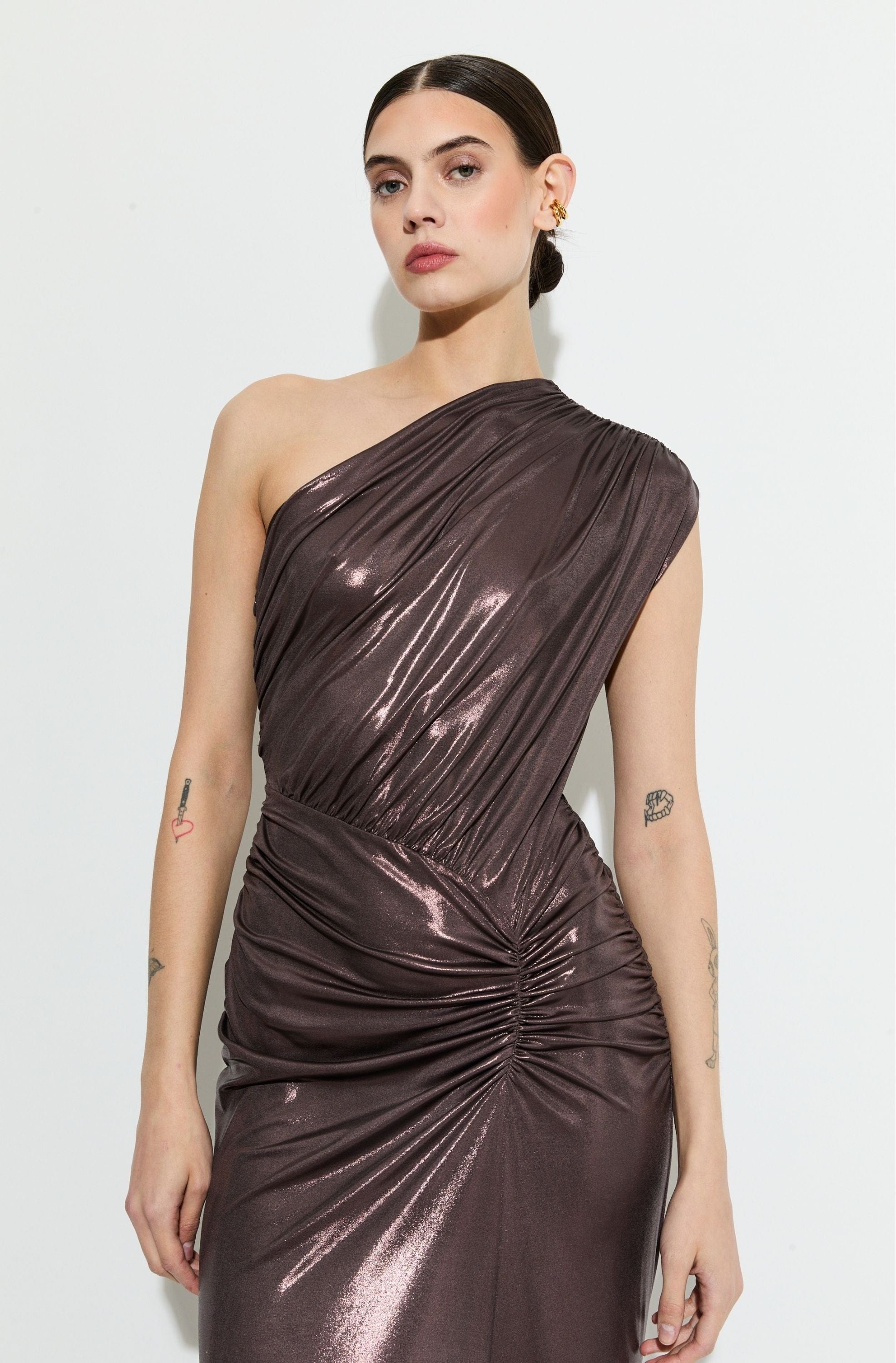 Coated Jersey One Shoulder Ruched Dress - 4