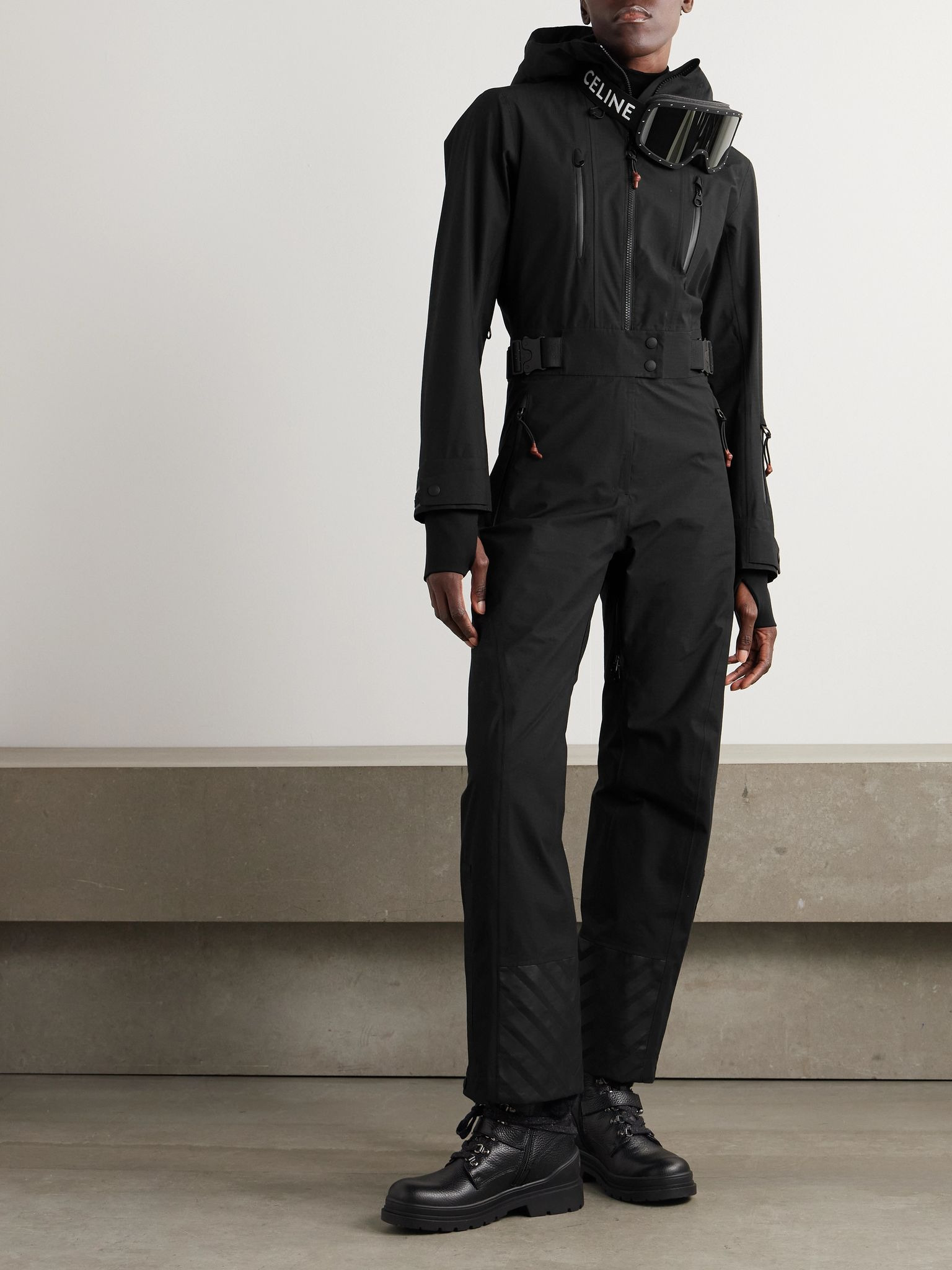 Belted cotton-blend ripstop hooded ski suit Black - 2