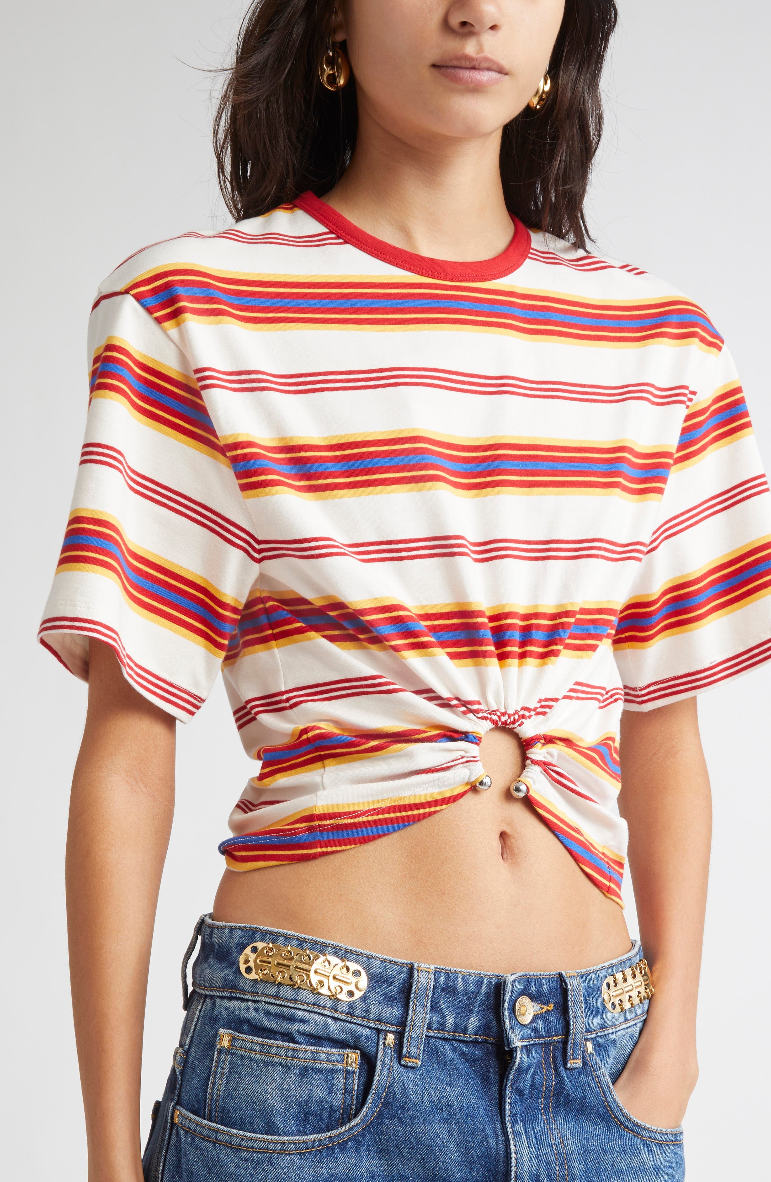 Rabanne Stripe Piercing Ring Crop T-Shirt in Stripes Cream /Orange / at Nordstrom - 5