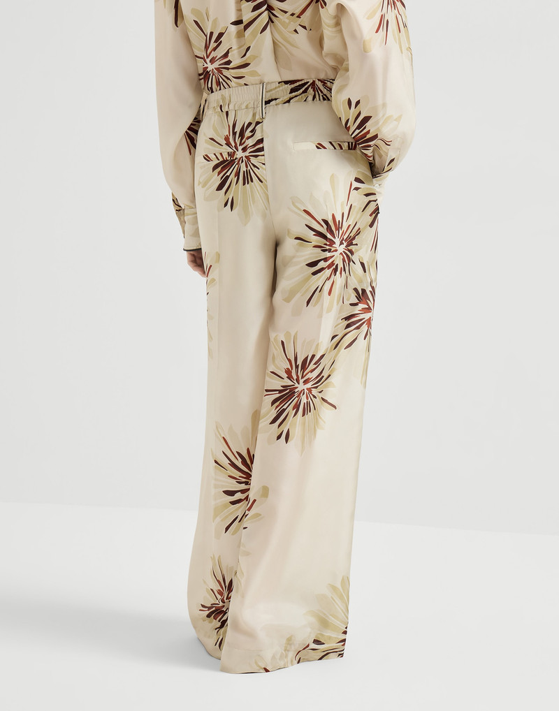Silk bloom print pongee sartorial track trousers with monili 3
