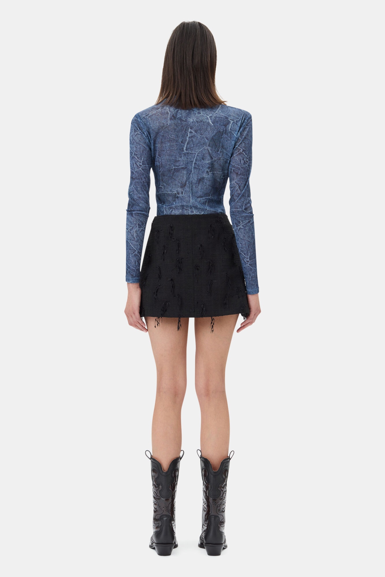 BLUE PRINTED MESH LONG SLEEVE BLOUSE - 5