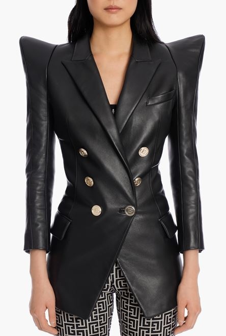 Long double-breasted black leather blazer - 5