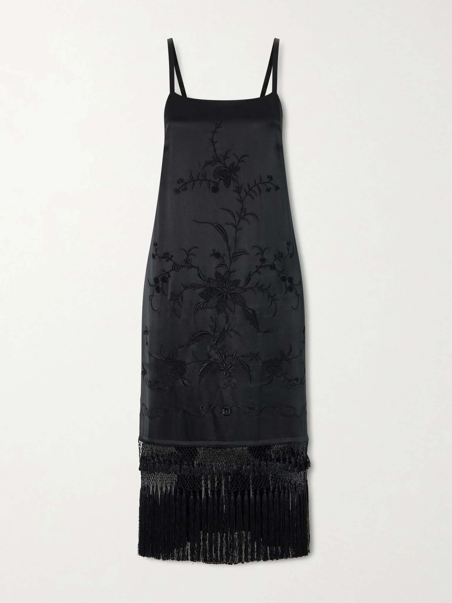 Fringed embroidered silk-satin midi dress Black - 1