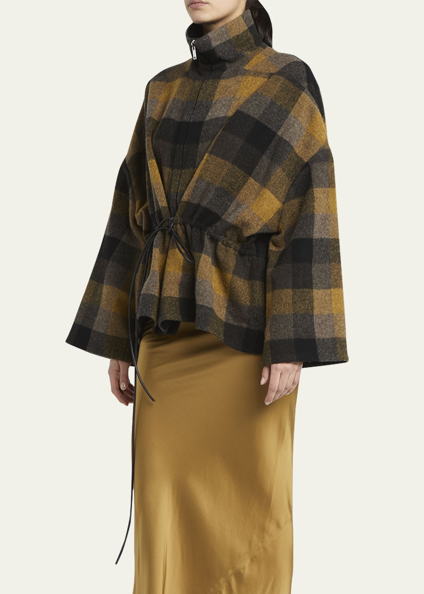 Plaid Zip-Up Cape Jacket - 4