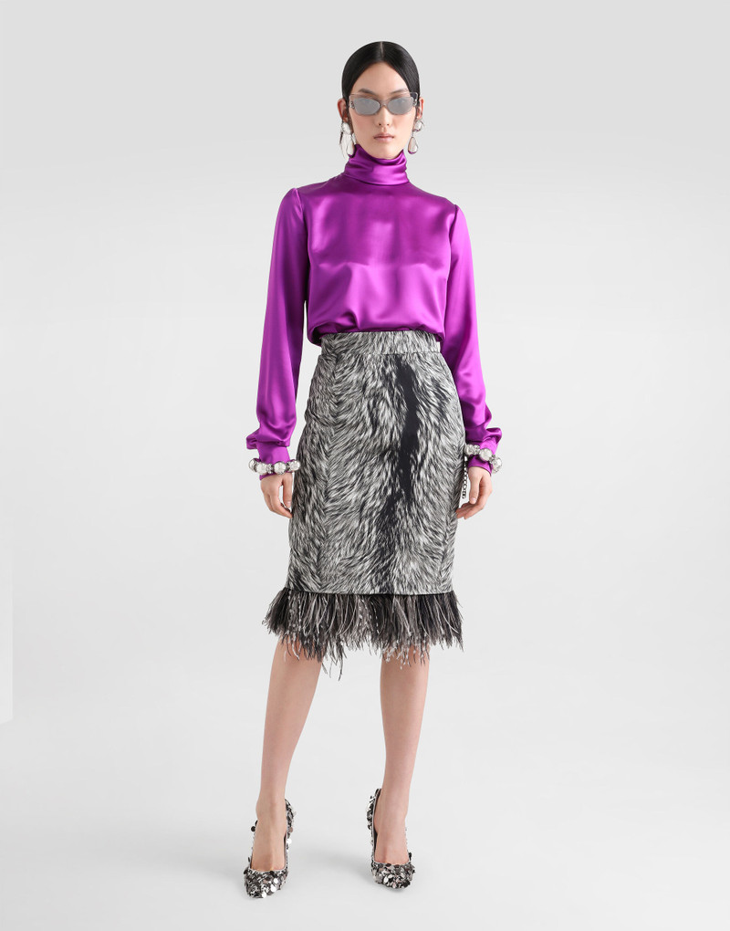 Dolce & Gabbana Charmeuse calf-length pencil skirt with fur print and feathered detailing outlook
