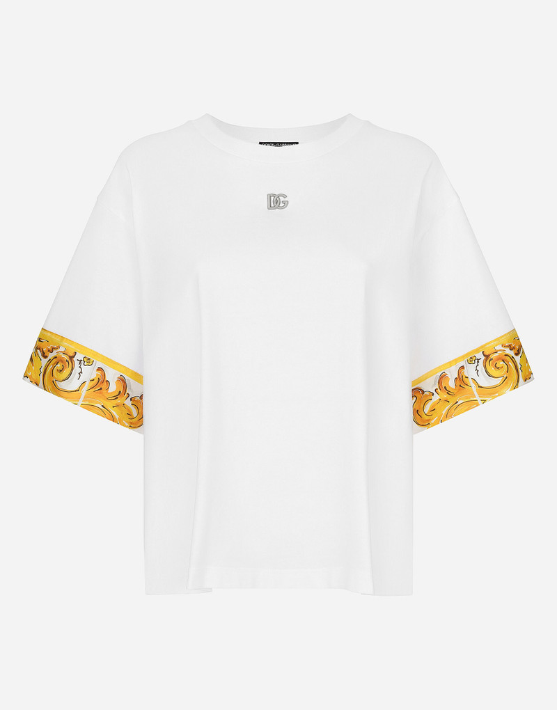 Cotton jersey T-shirt with majolica-print silk twill details 1