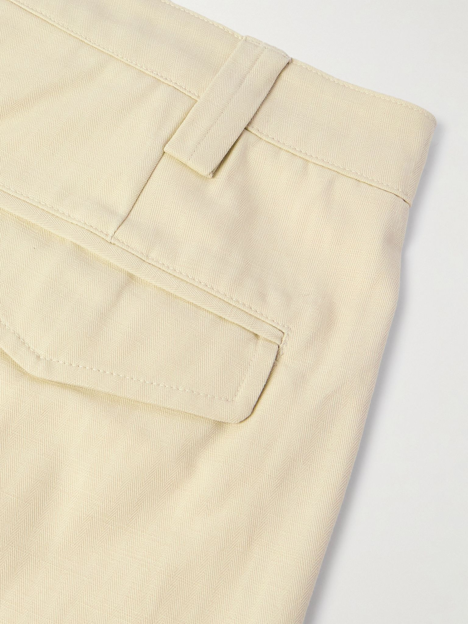 Renato Tapered Pleated Herringbone Cotton Trousers Ecru - 5