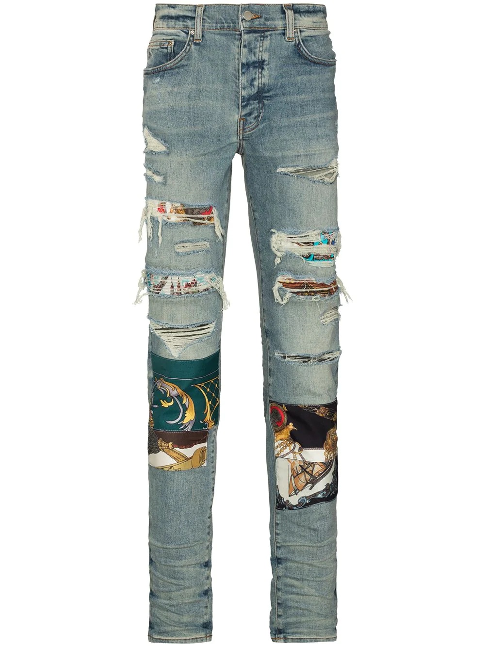 scarf-panel distressed skinny jeans - 1