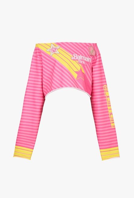 Balmain x Barbie - Pink cotton off-the-shoulder crop top - 1