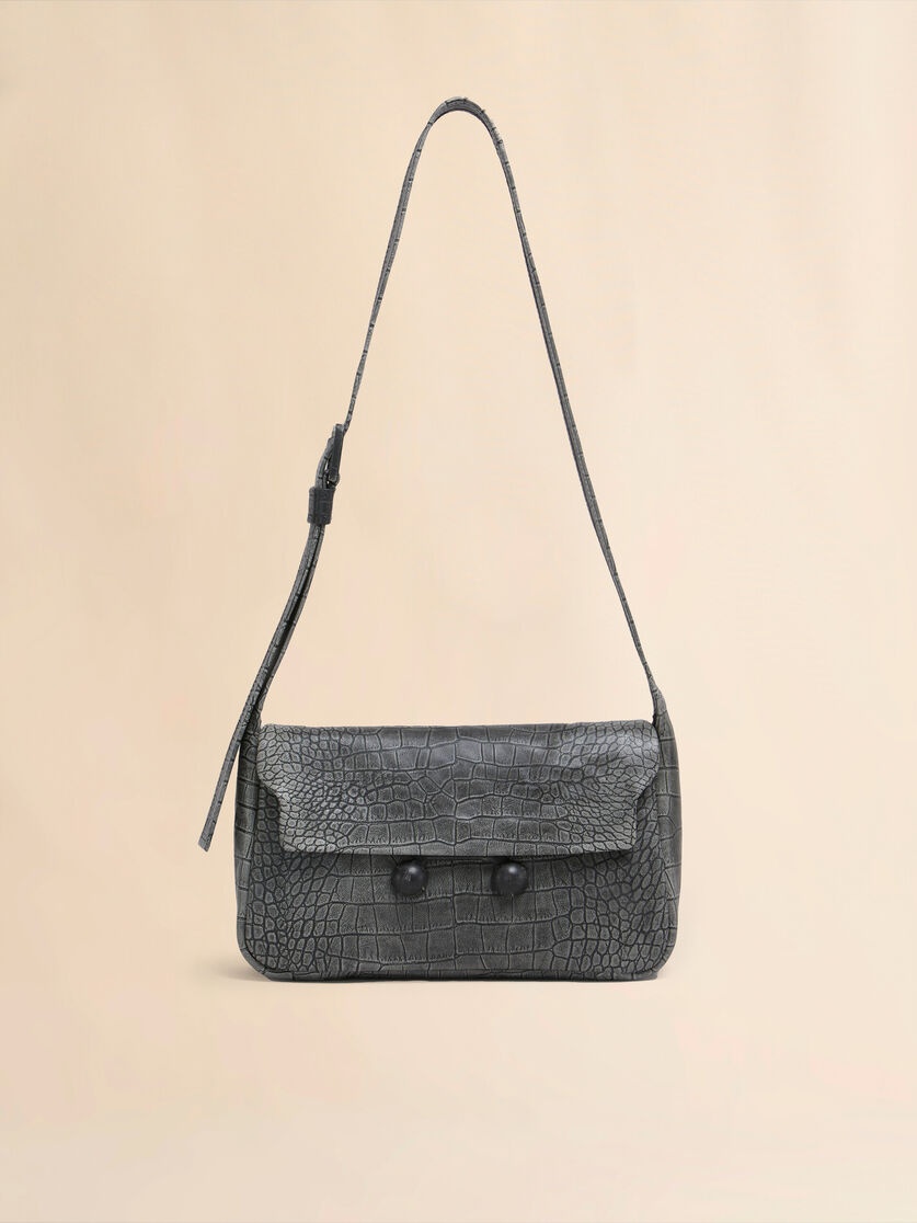 BLACK CROCODILE PRINT LEATHER MEDIUM TRUNKAROO HANDBAG - 1