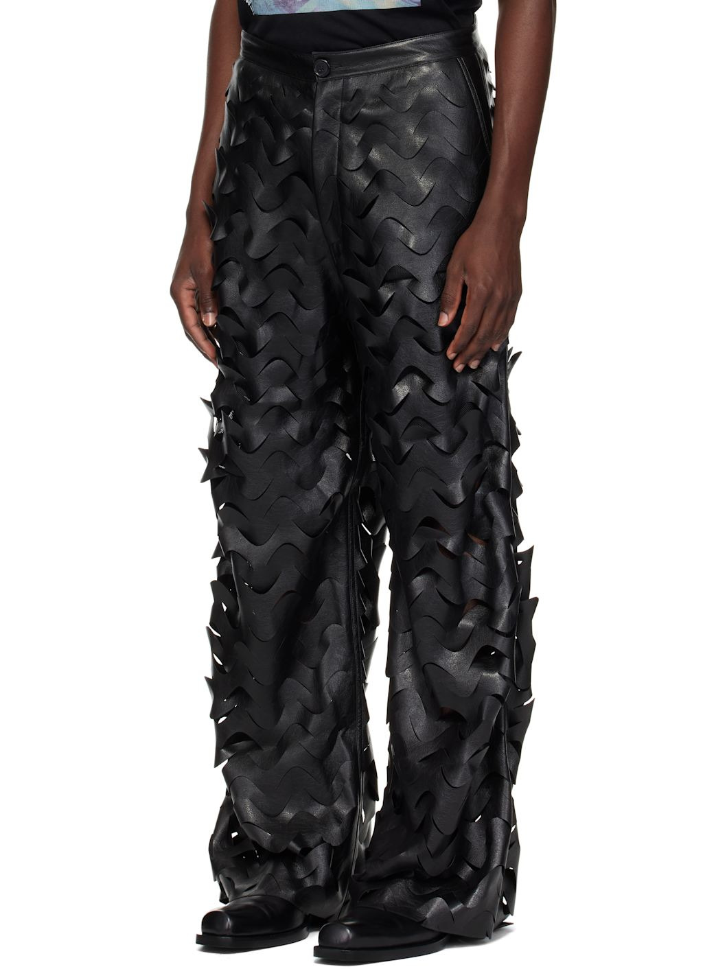 Black Laser Cut Wide-Leg Faux-Leather Pants - 4