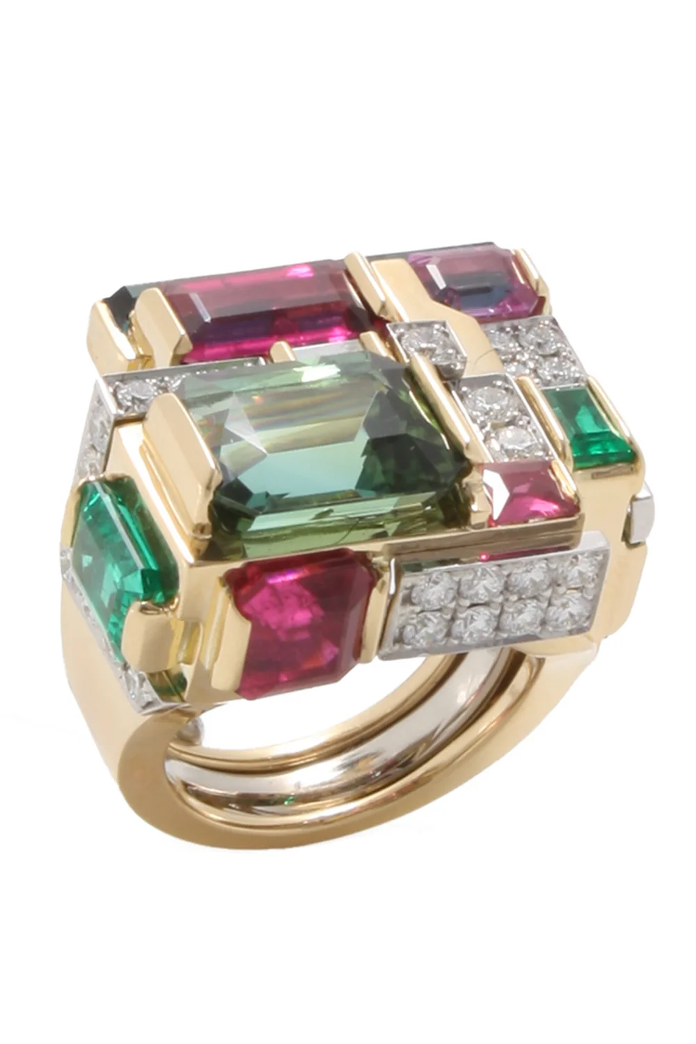 Green Tourmaline Ruelite Diamond Cubist Ring - 1
