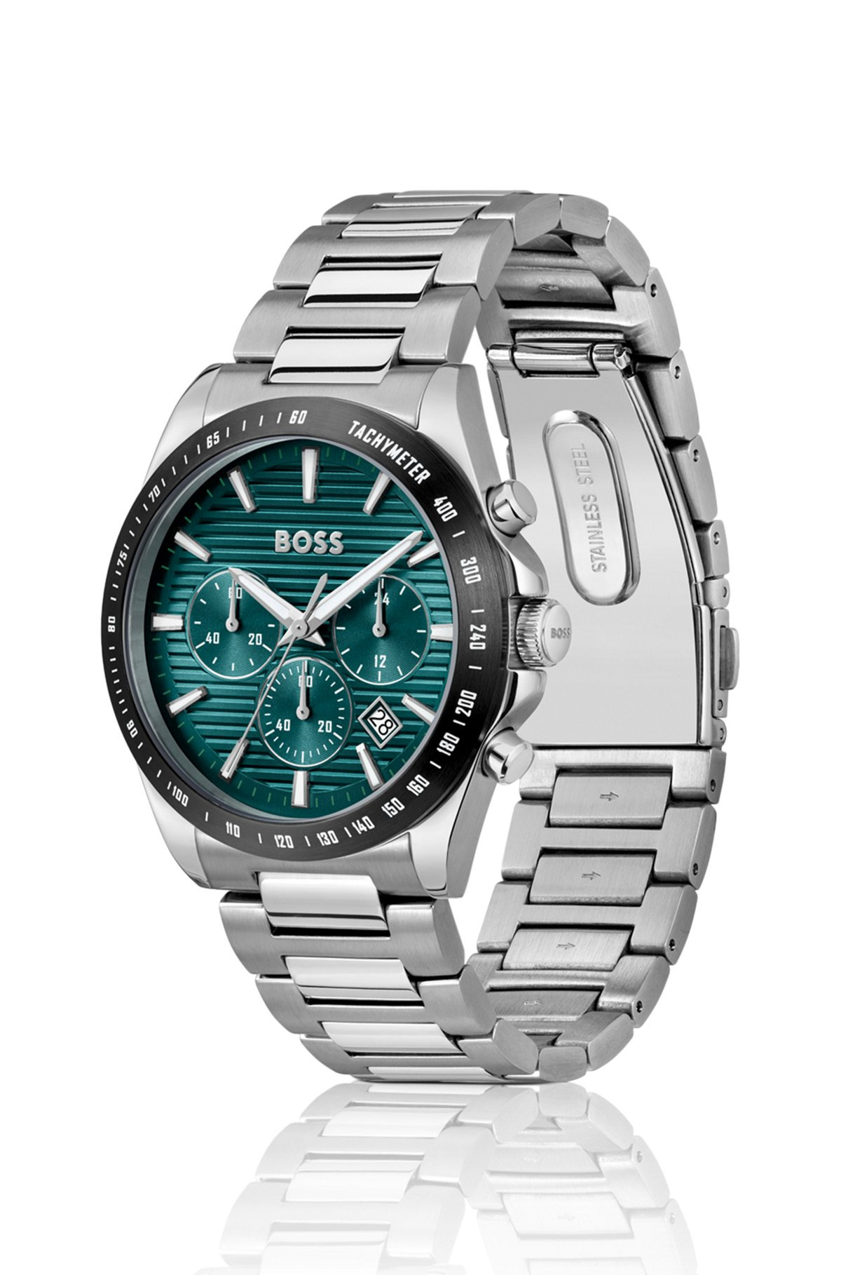 LINK-BRACELET CHRONOGRAPH WATCH WITH GREEN GROOVED DIAL - 2