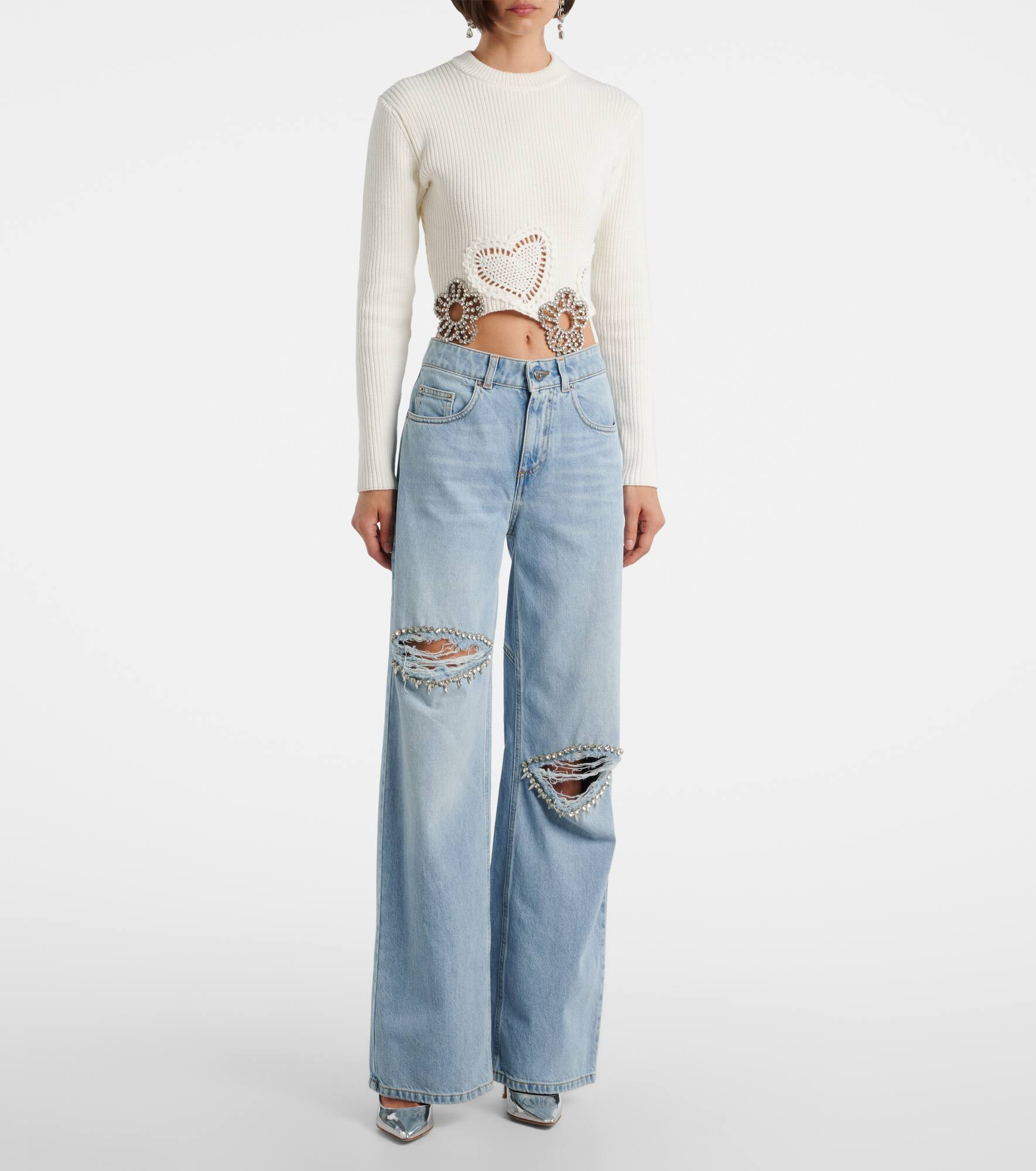 Distressed embellished wide-leg jeans - 7